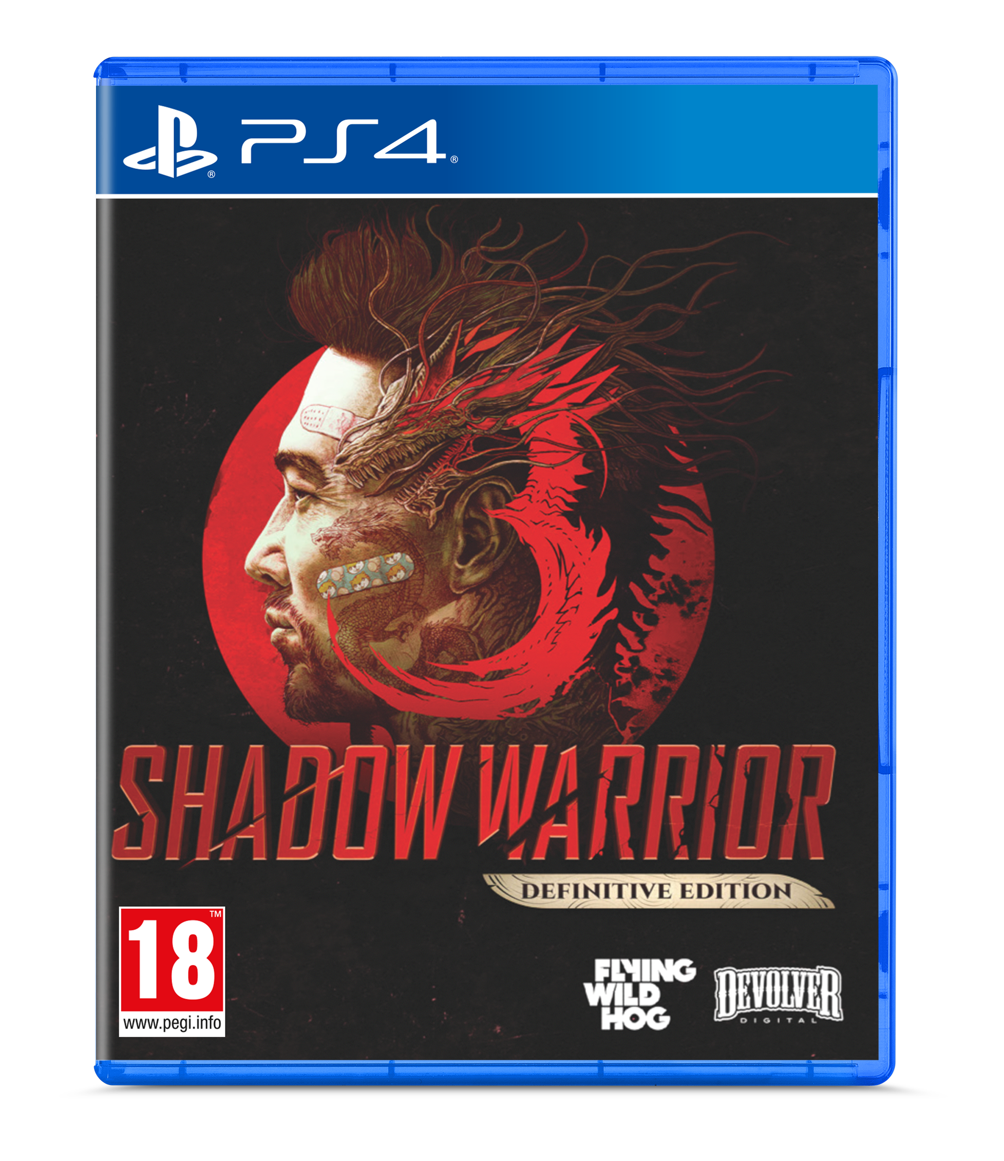 Caja de juego de PS4. La portada muestra a un hombre con tatuajes y un diseño rojo. Título: Shadow Warrior.