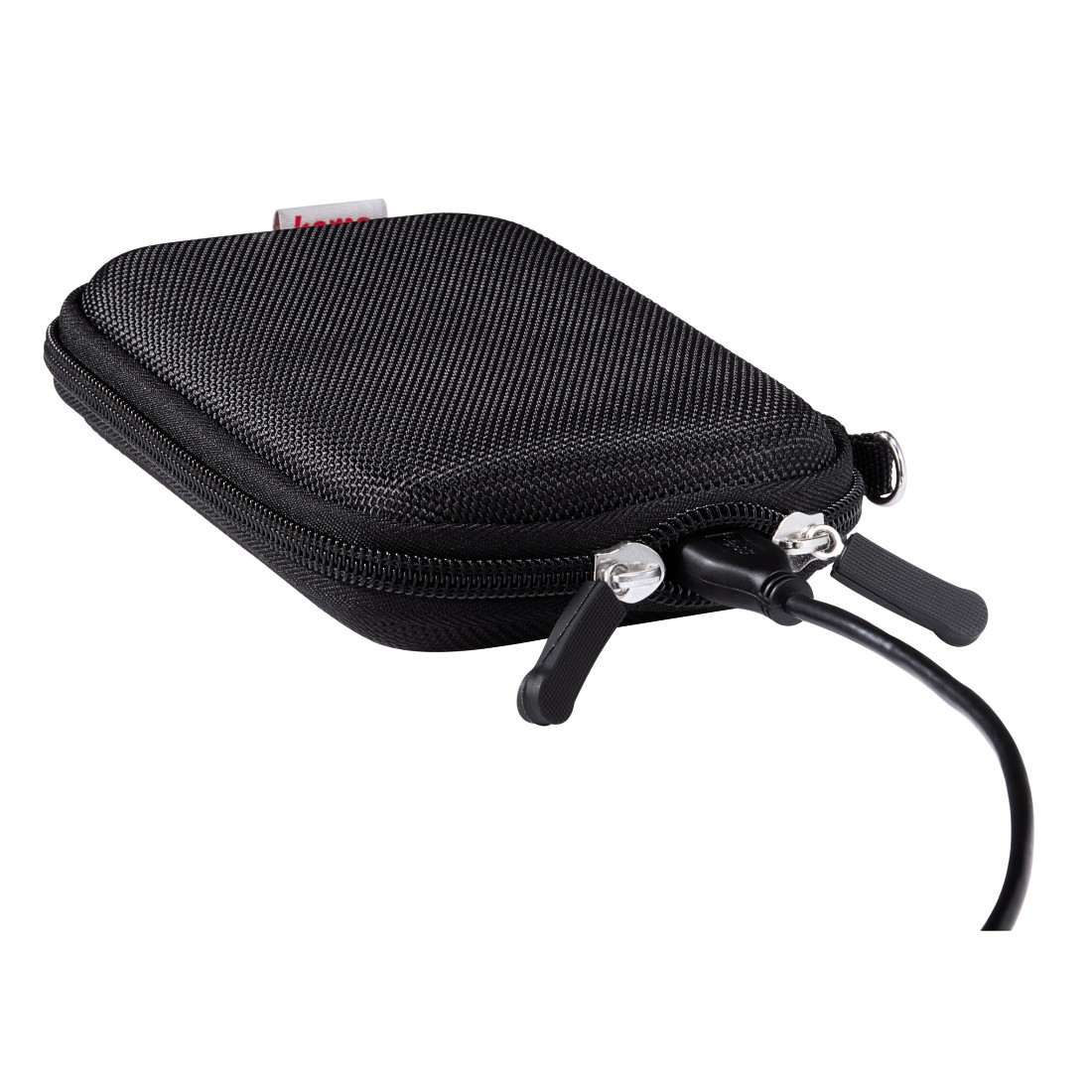 Una funda Hama negra con cremallera, con cable y conectores negros.