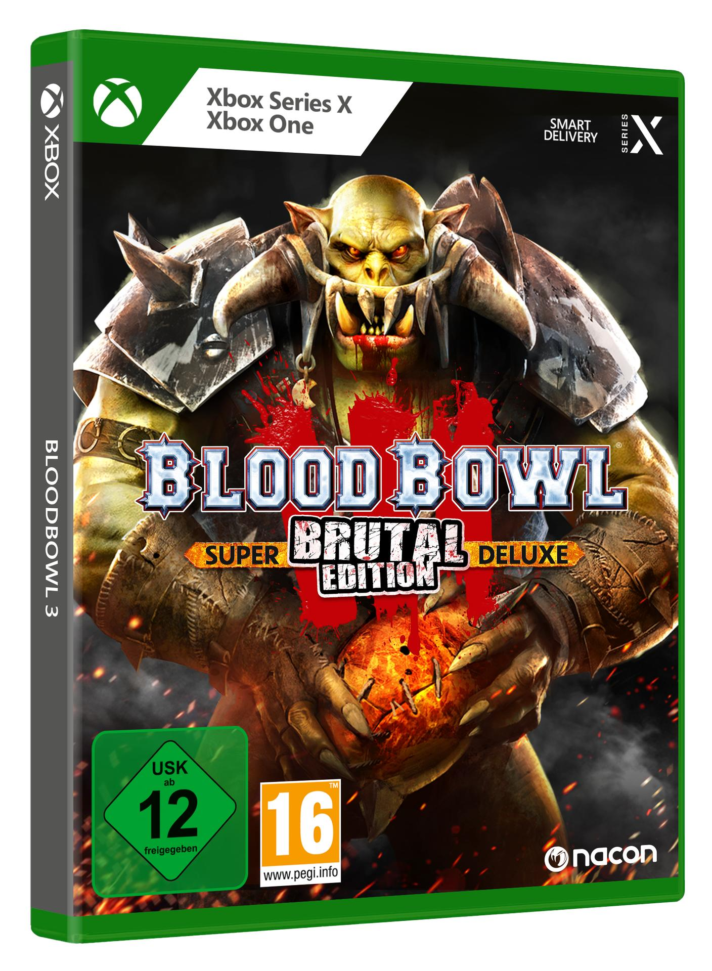 Blood Bowl 3 Spielbox für Xbox Series X/Xbox One. Ein Ork mit Ball ist auf dem Cover.