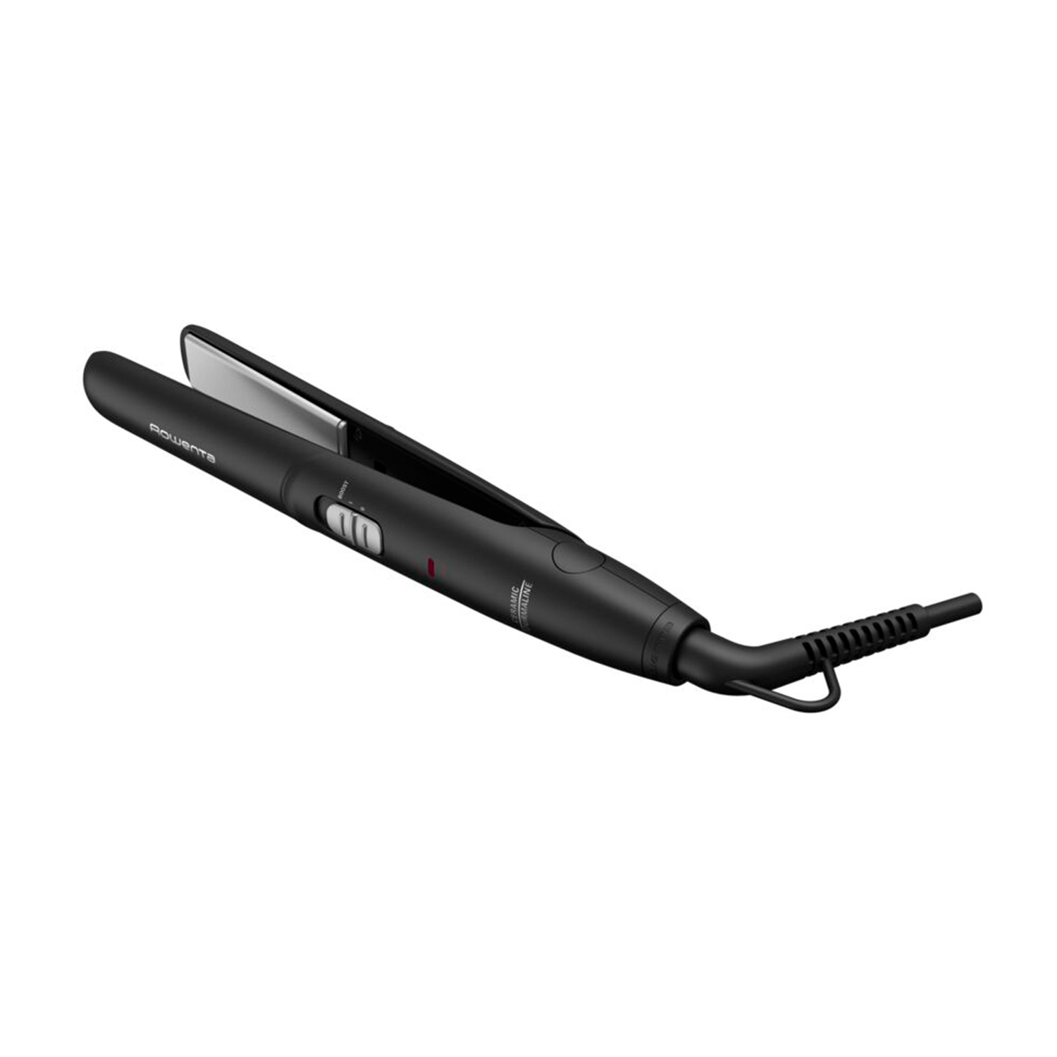 Piastra per capelli nera su sfondo bianco. Ha un'impugnatura nera e piastre argentate.