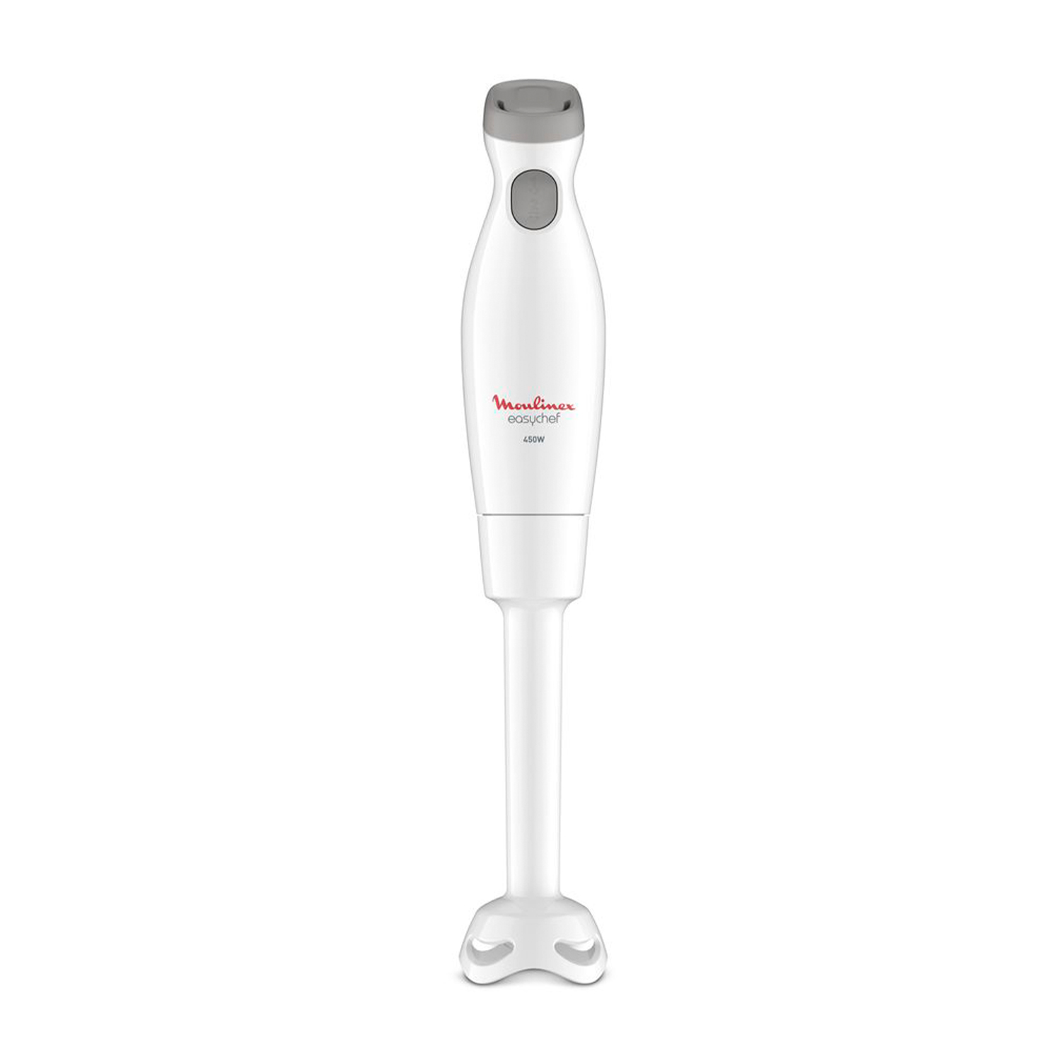 Un frullatore a immersione Moulinex bianco. Ha un pulsante superiore grigio e un lungo albero bianco con una testa di miscelazione.