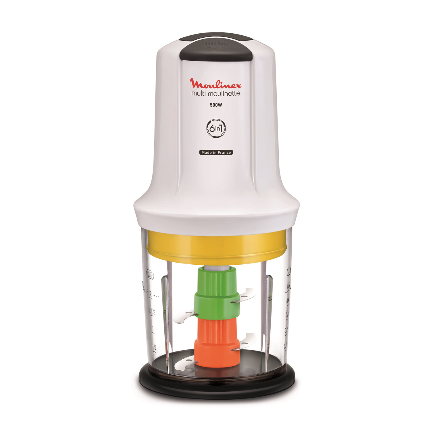 Robot da cucina Moulinex bianco e giallo, vista frontale, isolato.