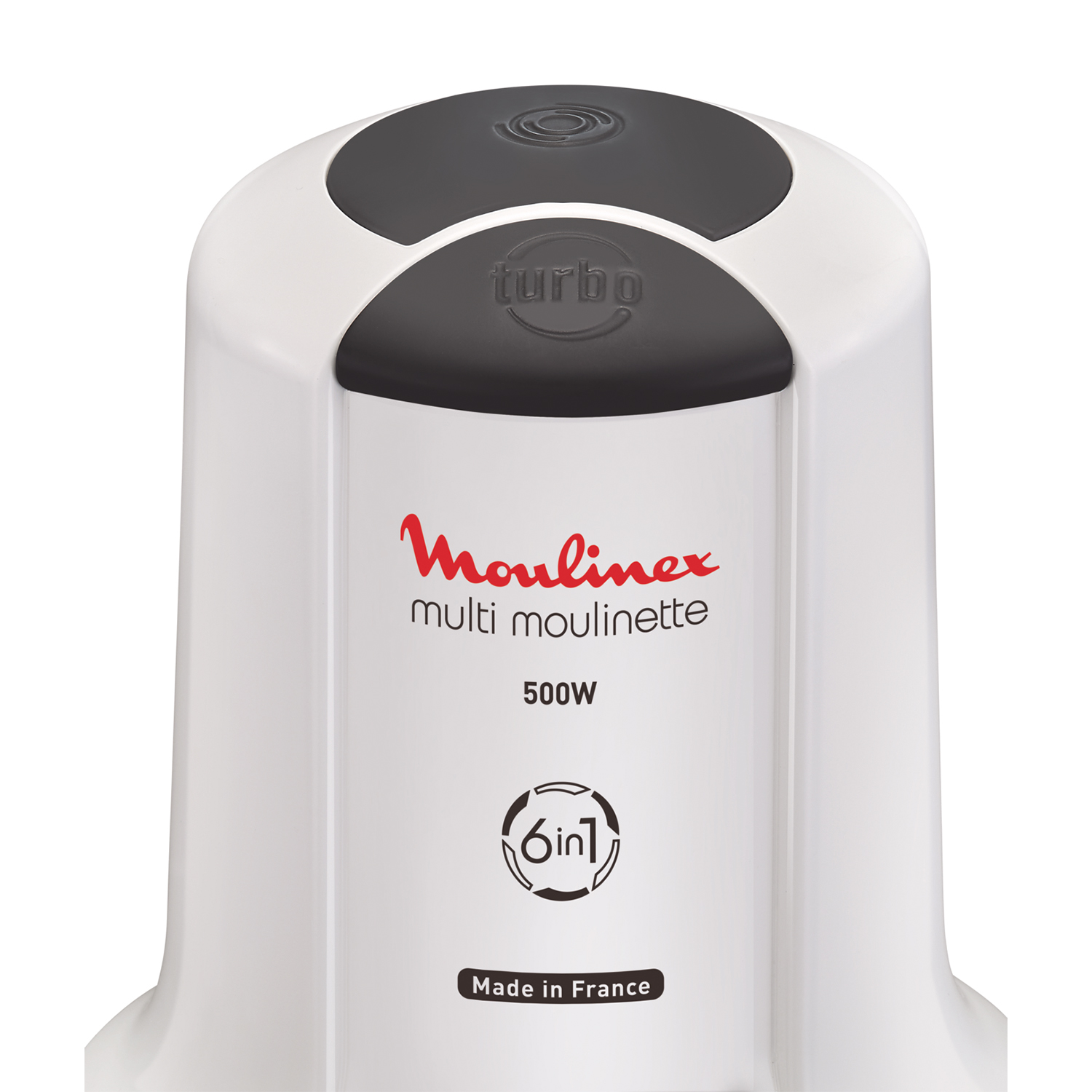 Una multi moulinette Moulinex bianca e grigia con il nome 'Moulinex' in rosso.