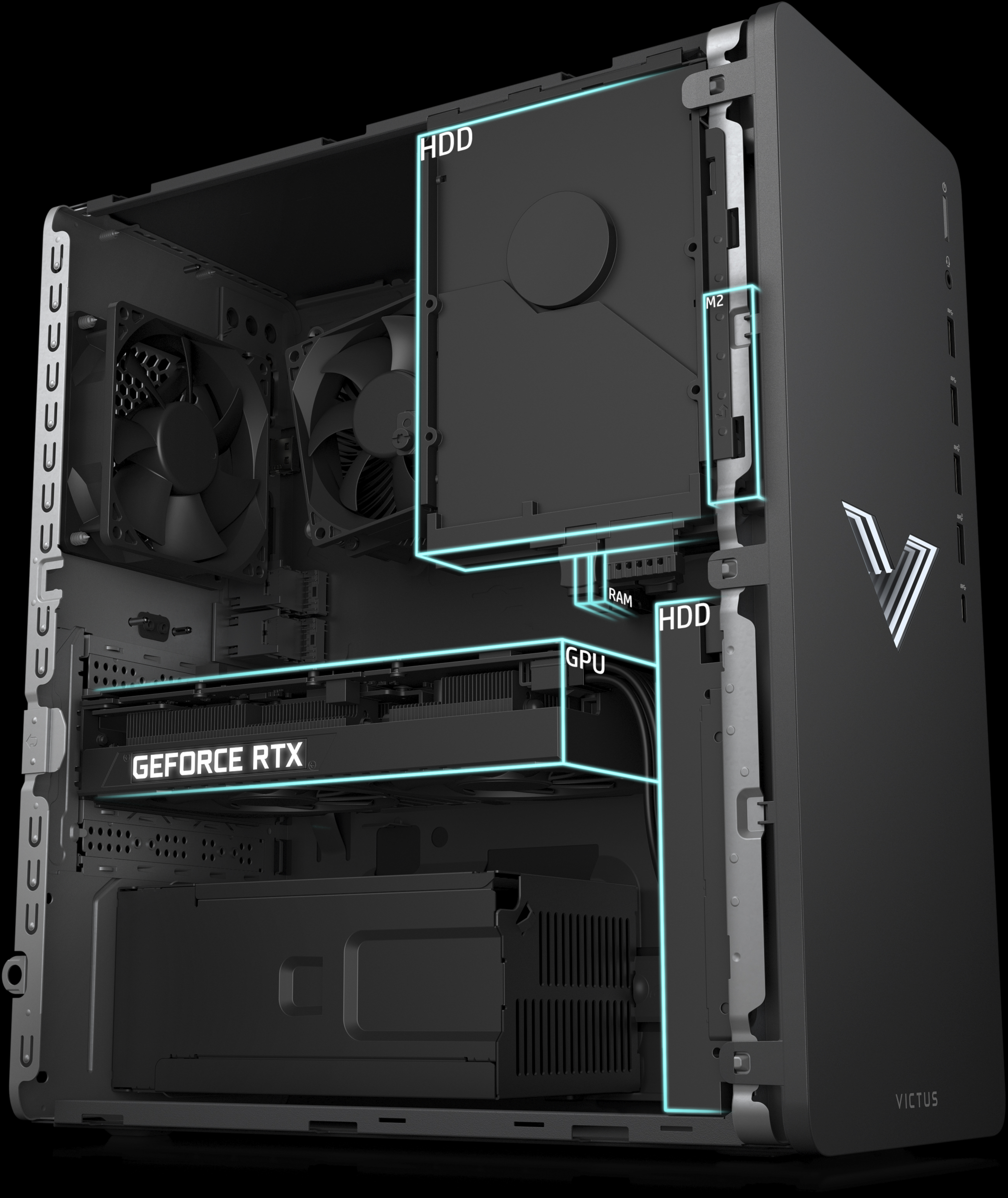 Innenansicht eines schwarzen Gaming-PCs. Komponenten sind GPU, HDD, RAM und ein M2-Laufwerk.