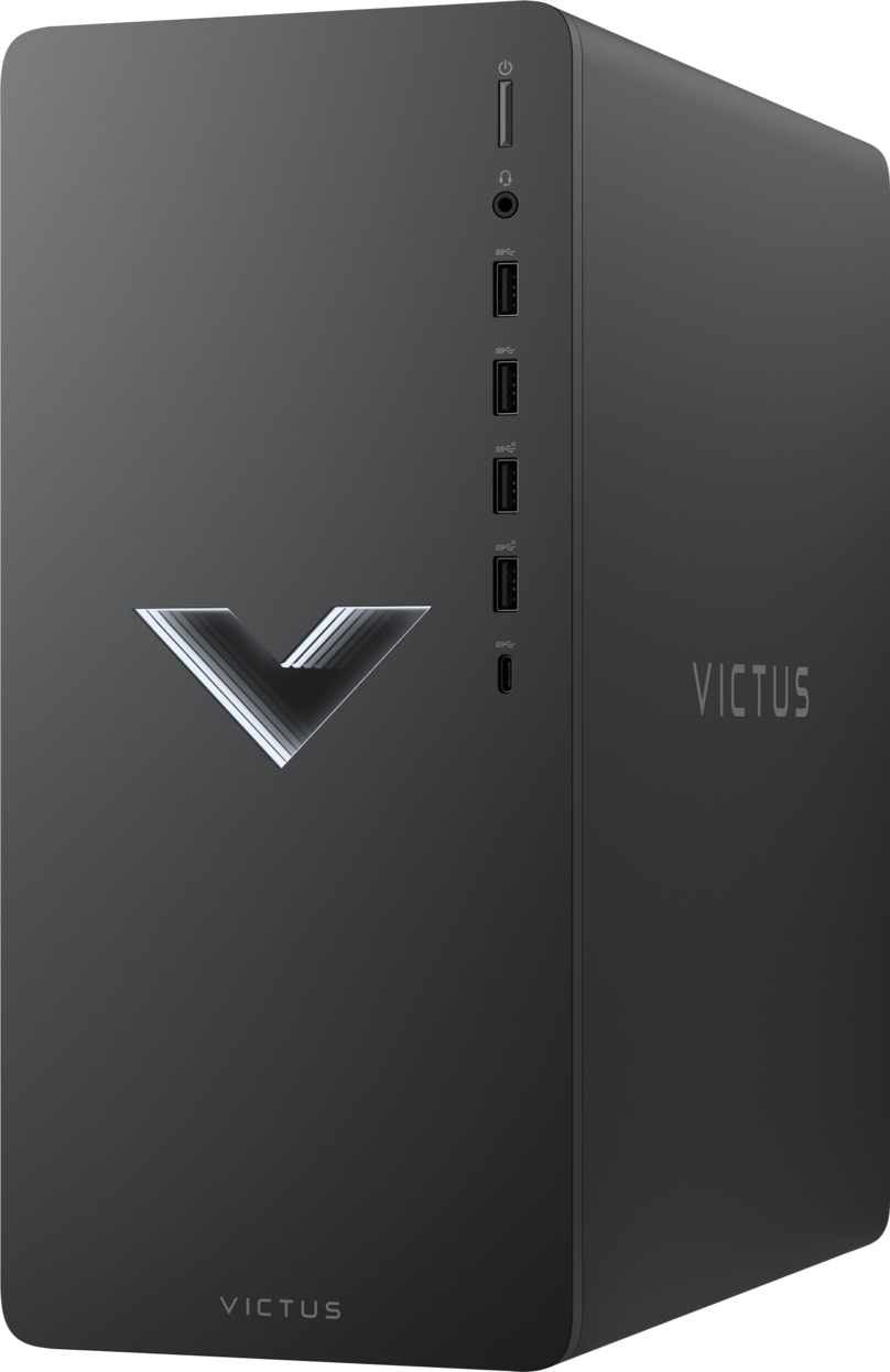 Schwarzer Victus Desktop-Computer. Silbernes Victus-Logo auf der Vorderseite. Vertikales Design mit sichtbaren Anschlüssen.