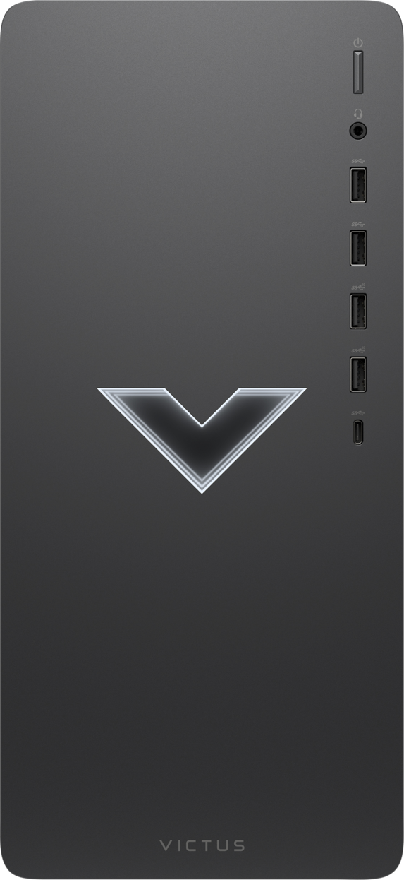 Dunkelgrauer Computerturm. Ein großes V-Logo ist in der Mitte sichtbar. Anschlüsse sind oben.