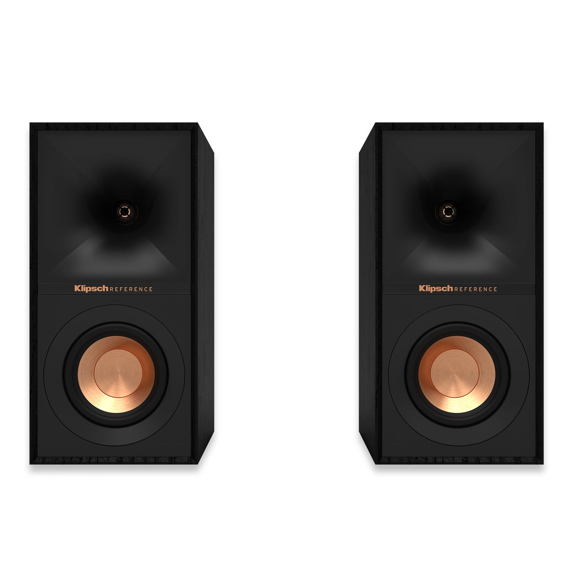 Zwei schwarze Klipsch-Lautsprecher mit kupferfarbenen Lautsprechertrichtern.