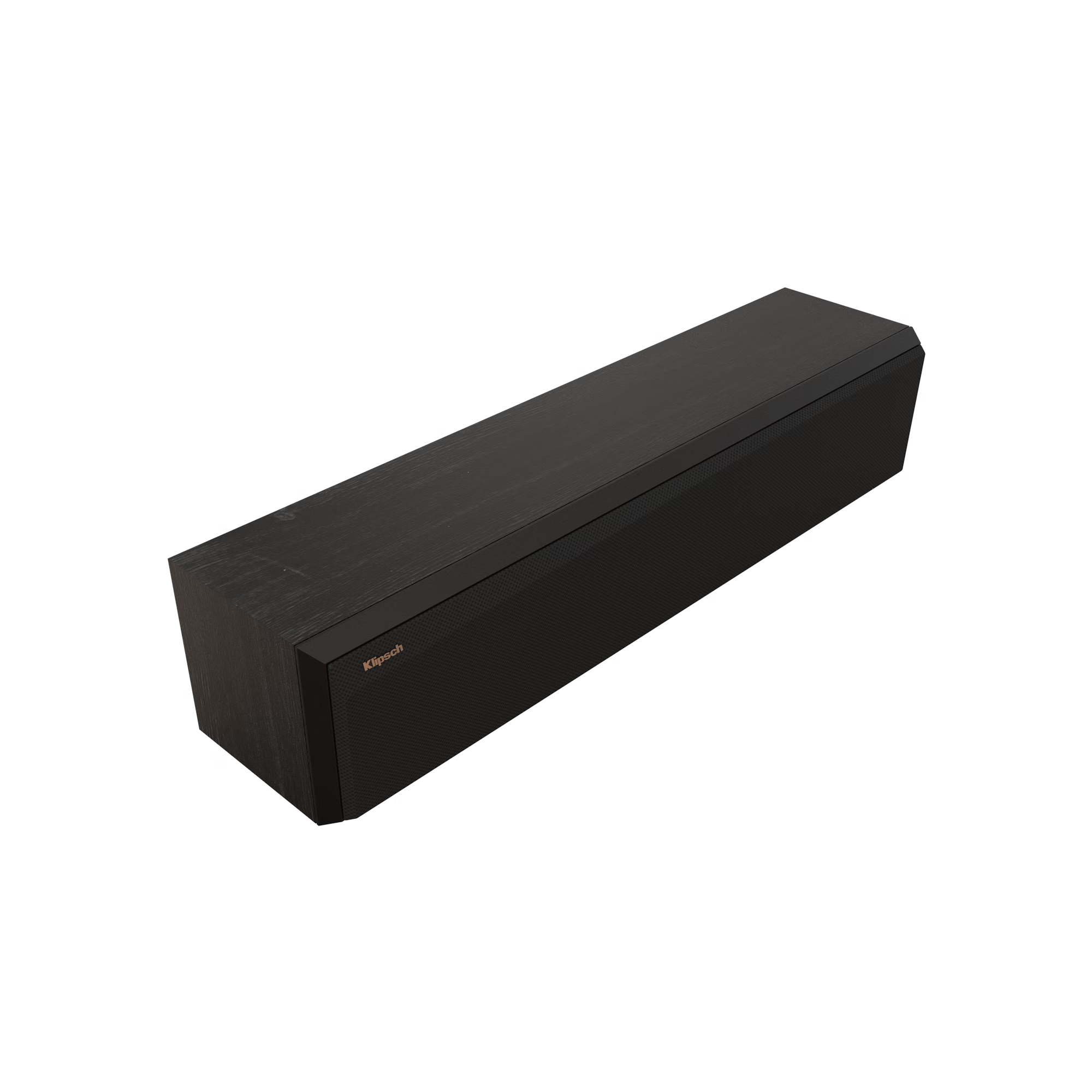 Eine schwarze Klipsch-Soundbar. Sie ist rechteckig mit einer Mesh-Front.