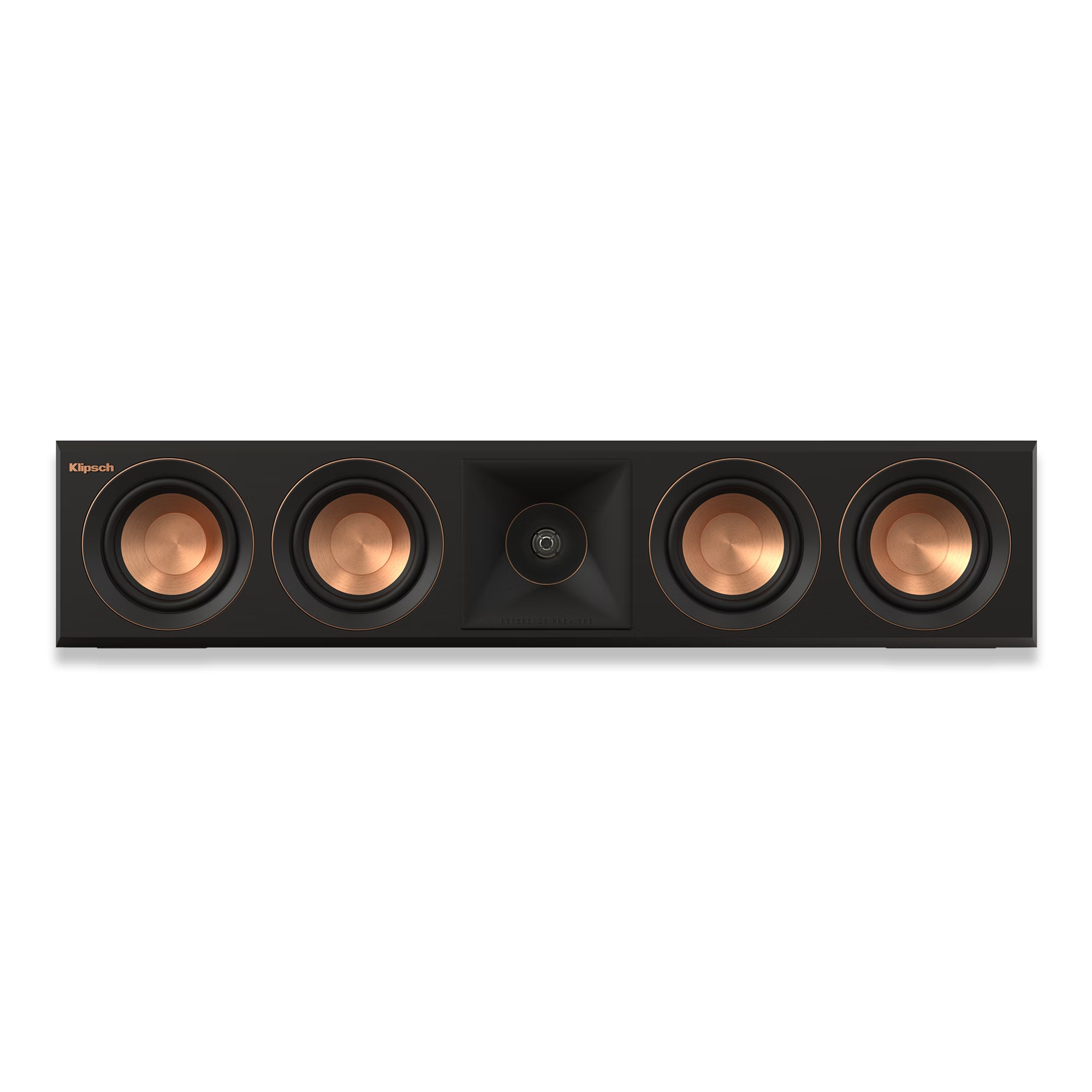 Schwarze Klipsch Soundbar mit fünf Lautsprechereinheiten. Kupferfarbene Lautsprechermembranen sind sichtbar.