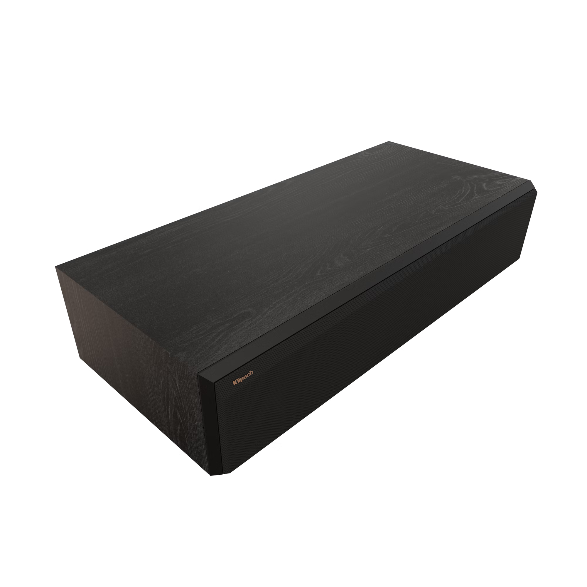 Eine schwarze Soundbar mit Holzmaserung auf schwarzem Hintergrund.
