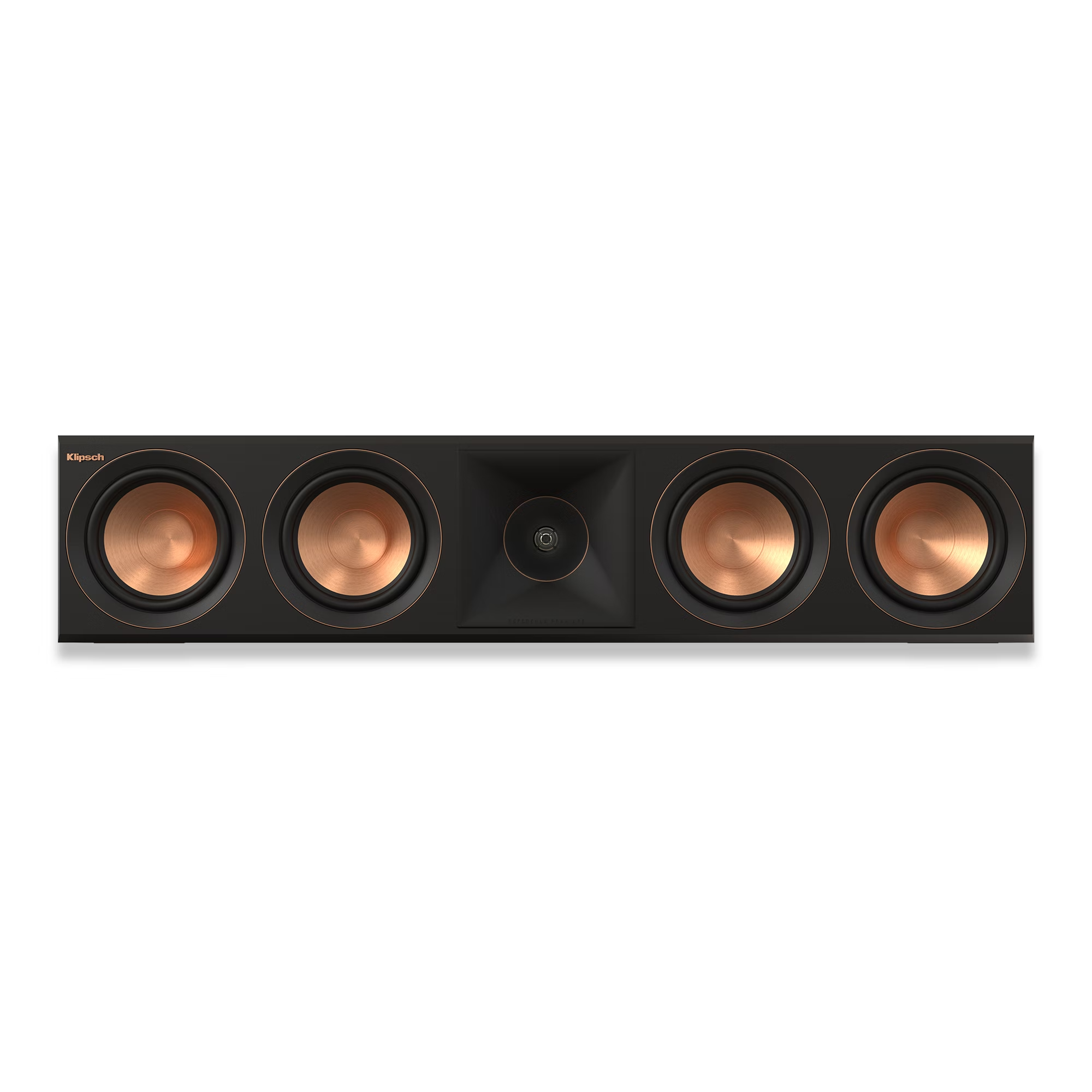 Schwarze Soundbar mit kupferfarbenen Lautsprechern, auf schwarzem Hintergrund.