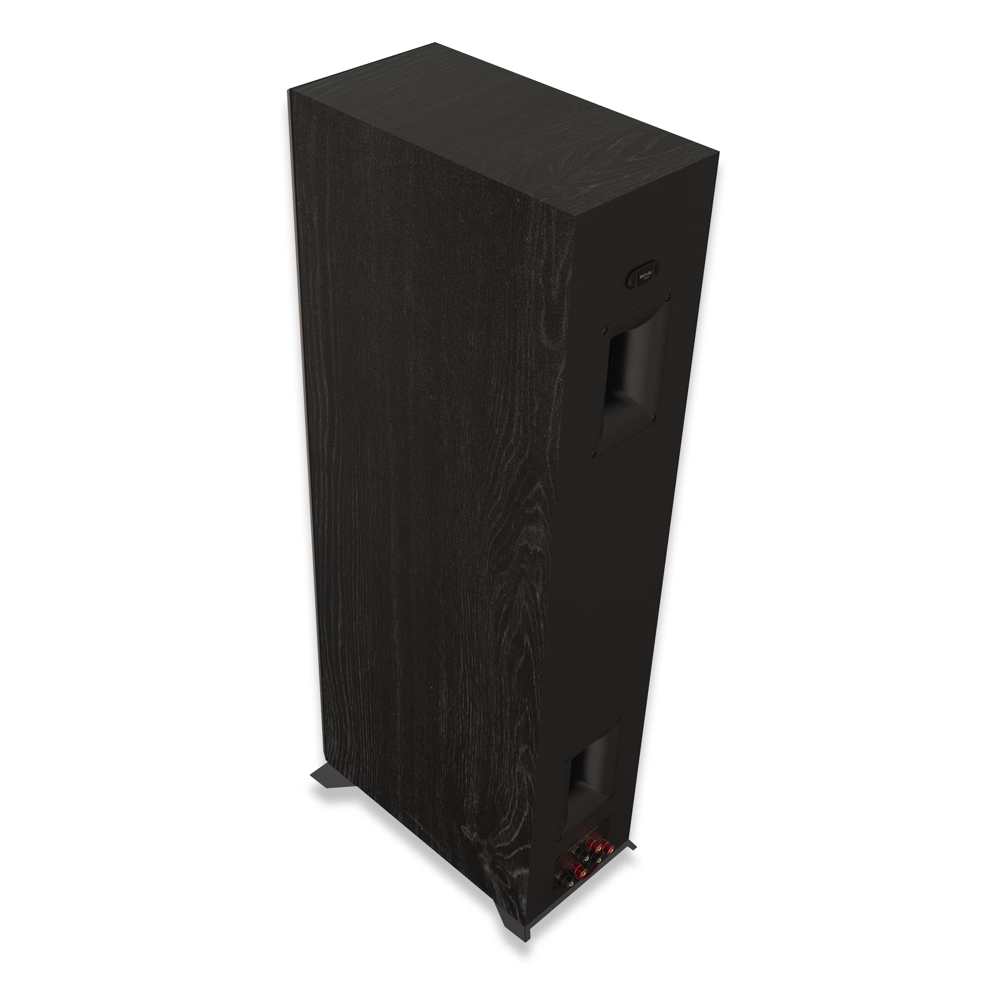 Schwarzer Klipsch-Lautsprecher, hoch und schlank, mit schwarzem Hintergrund.