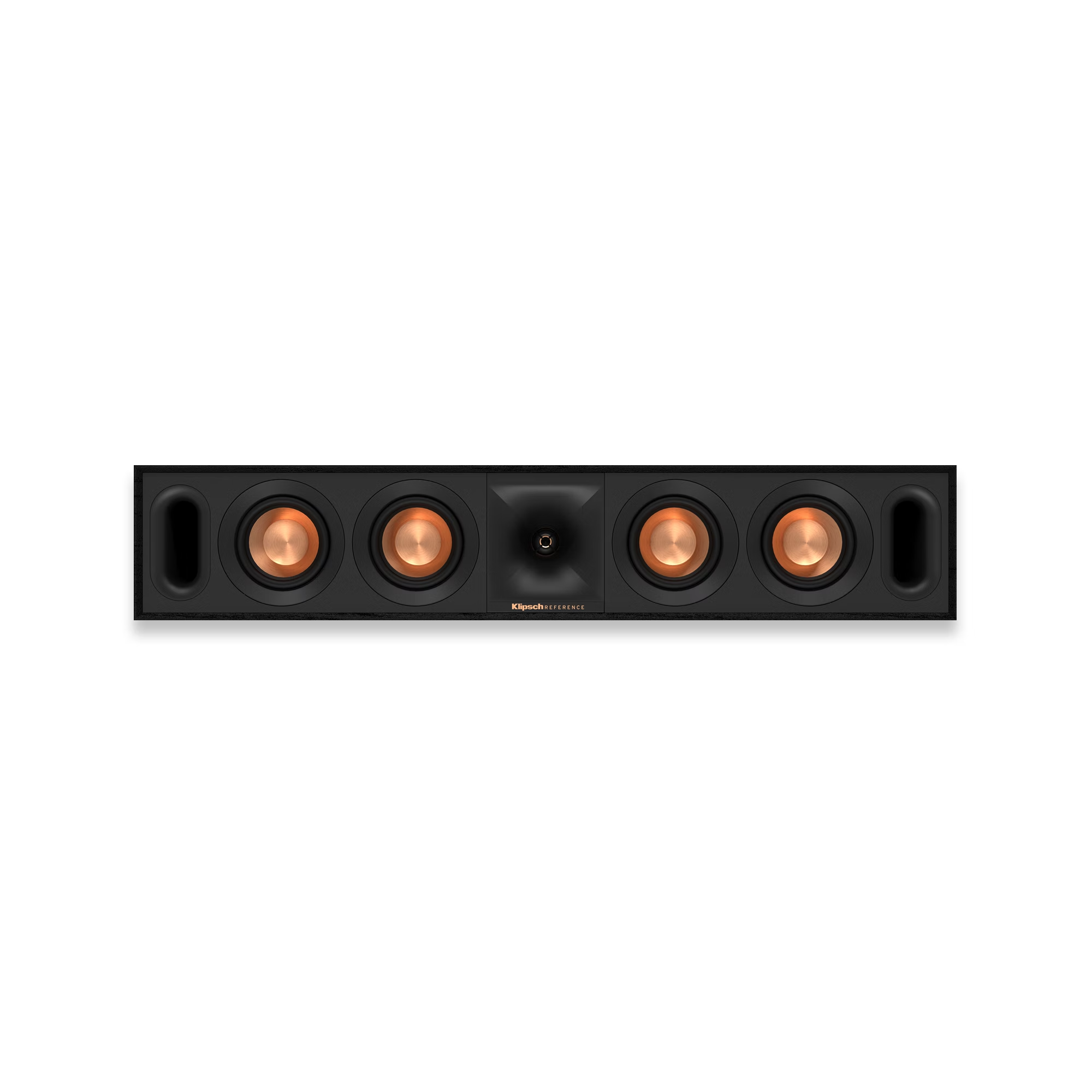 Eine schwarze Klipsch Reference Soundbar, mit mehreren kupferfarbenen Lautsprechern und dunklem Hintergrund.