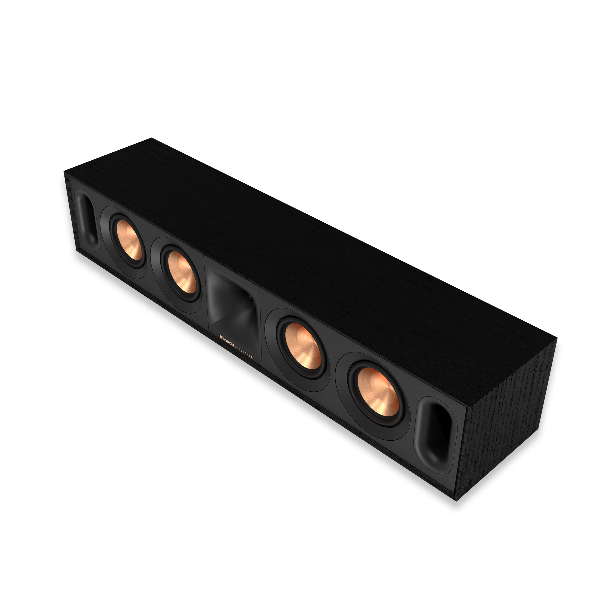 Schwarze Klipsch Soundbar. Rechteckig mit vier Lautsprechern. Kupferfarbene Membranen vorne.