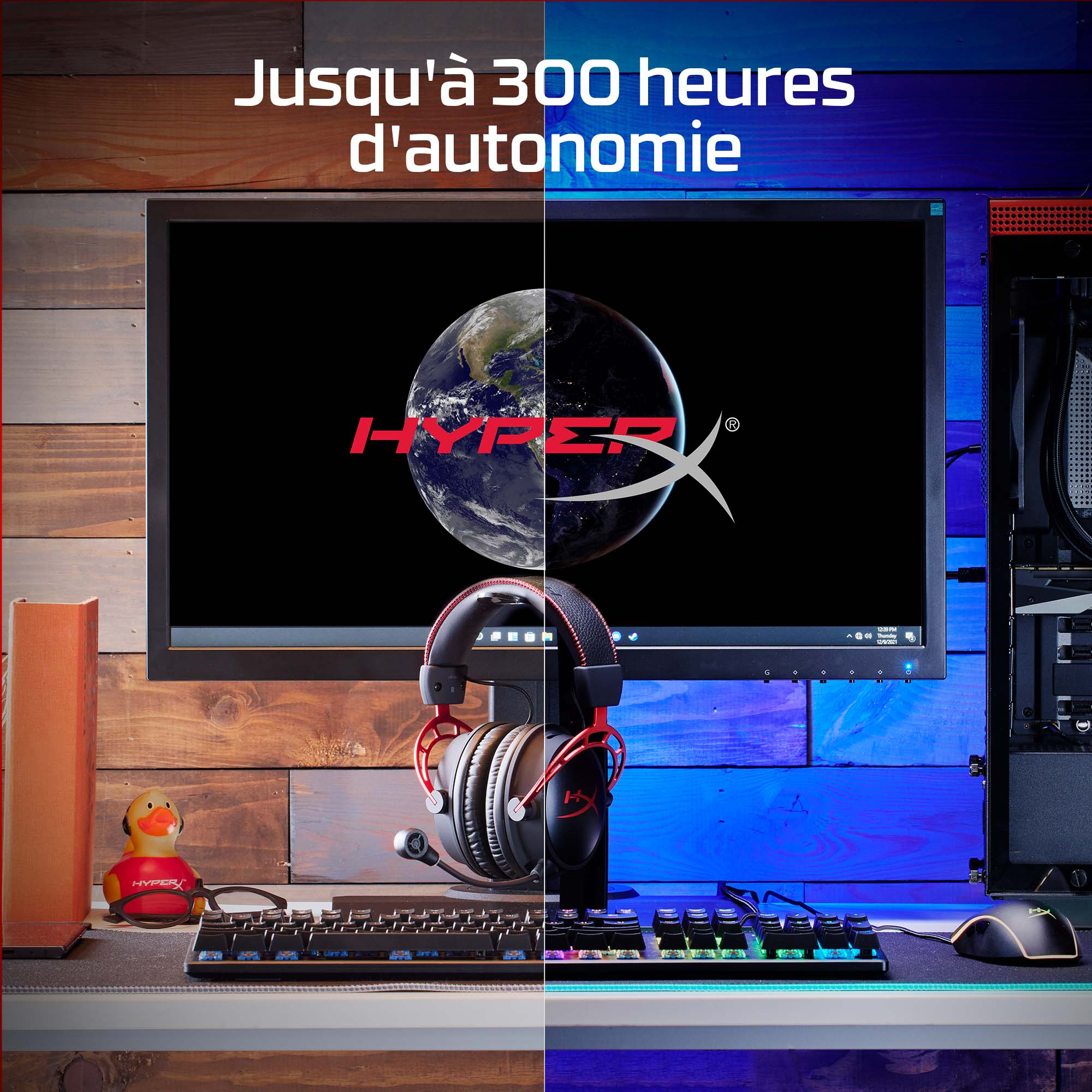 Gaming setup with a monitor and headphones. Text says up to 300 hours battery.