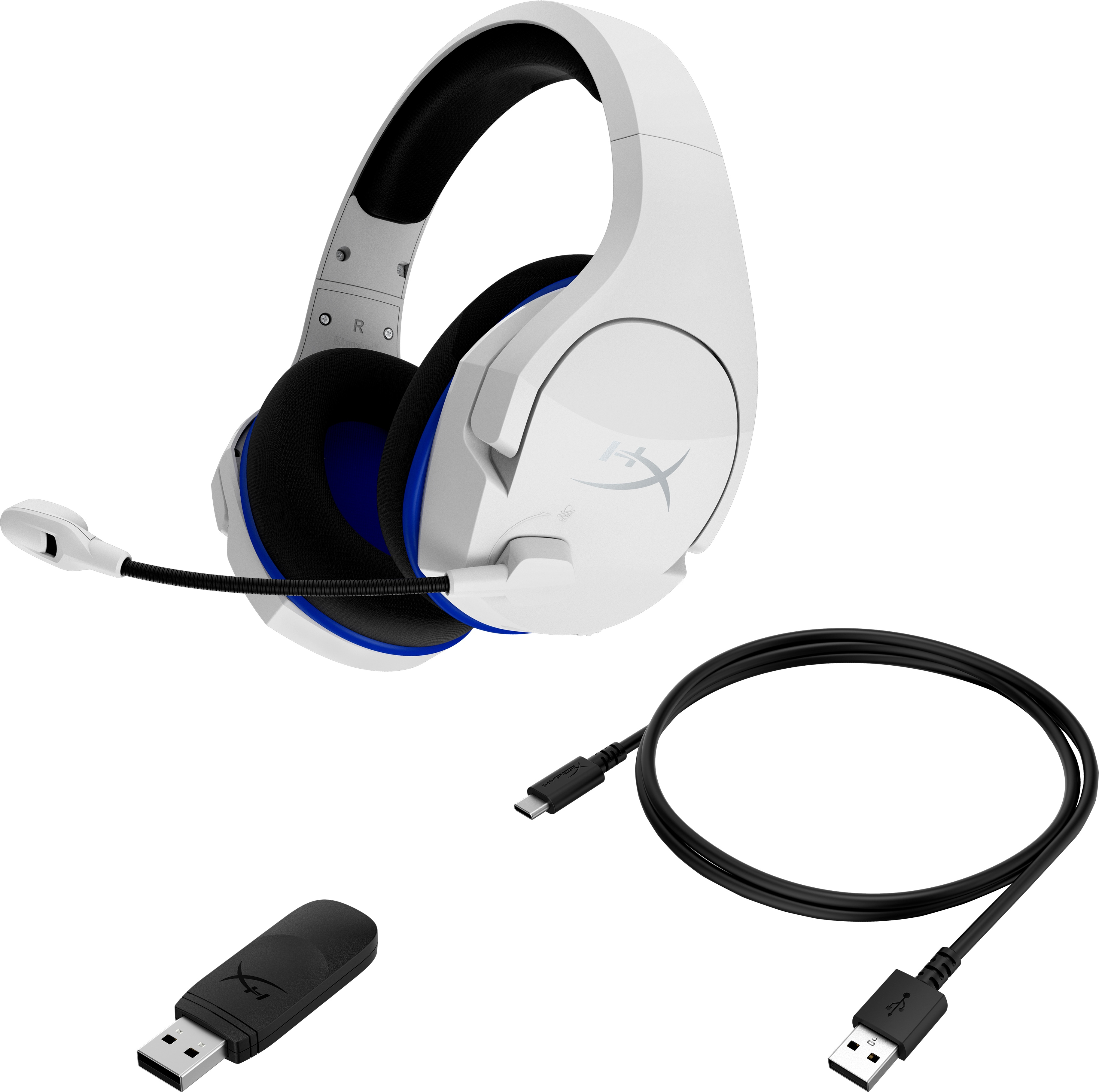 Weiß-blaue HyperX Cloud Kopfhörer mit abnehmbarem Mikrofon, USB-Dongle und Ladekabel.