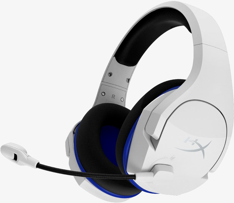 Weißes und blaues Gaming-Headset mit Mikrofon, freigestellt auf Weiß.