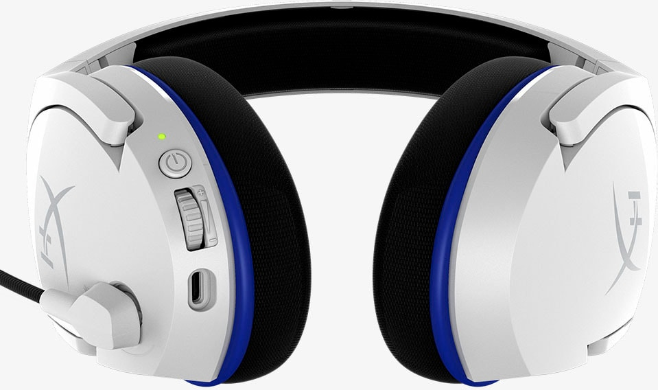 Weißes und blaues Gaming-Headset mit Mikrofon und Lautstärkeregler.