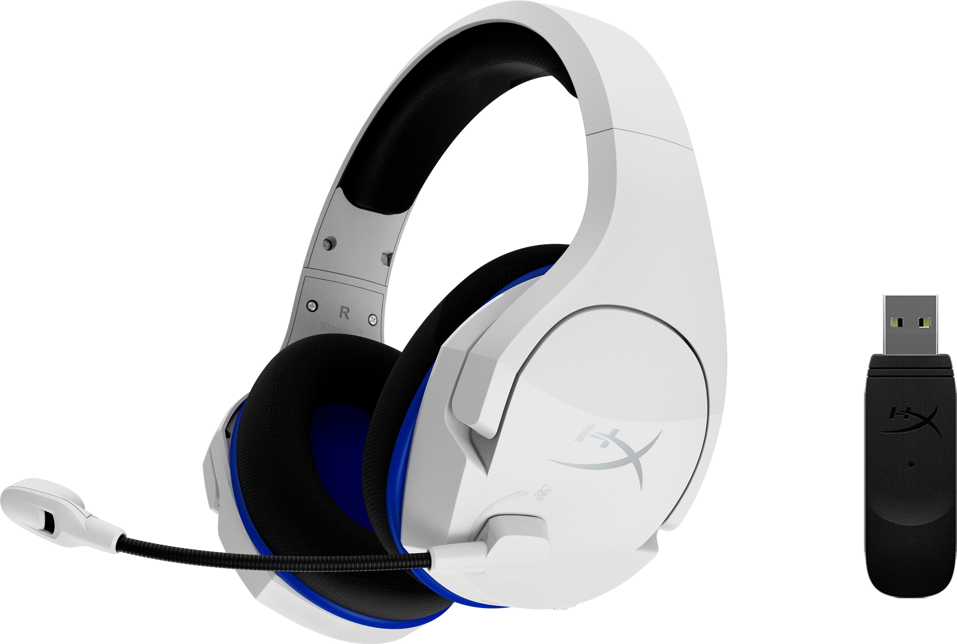 Weißes und blaues Gaming-Headset mit abnehmbarem Mikrofon und USB-Empfänger.