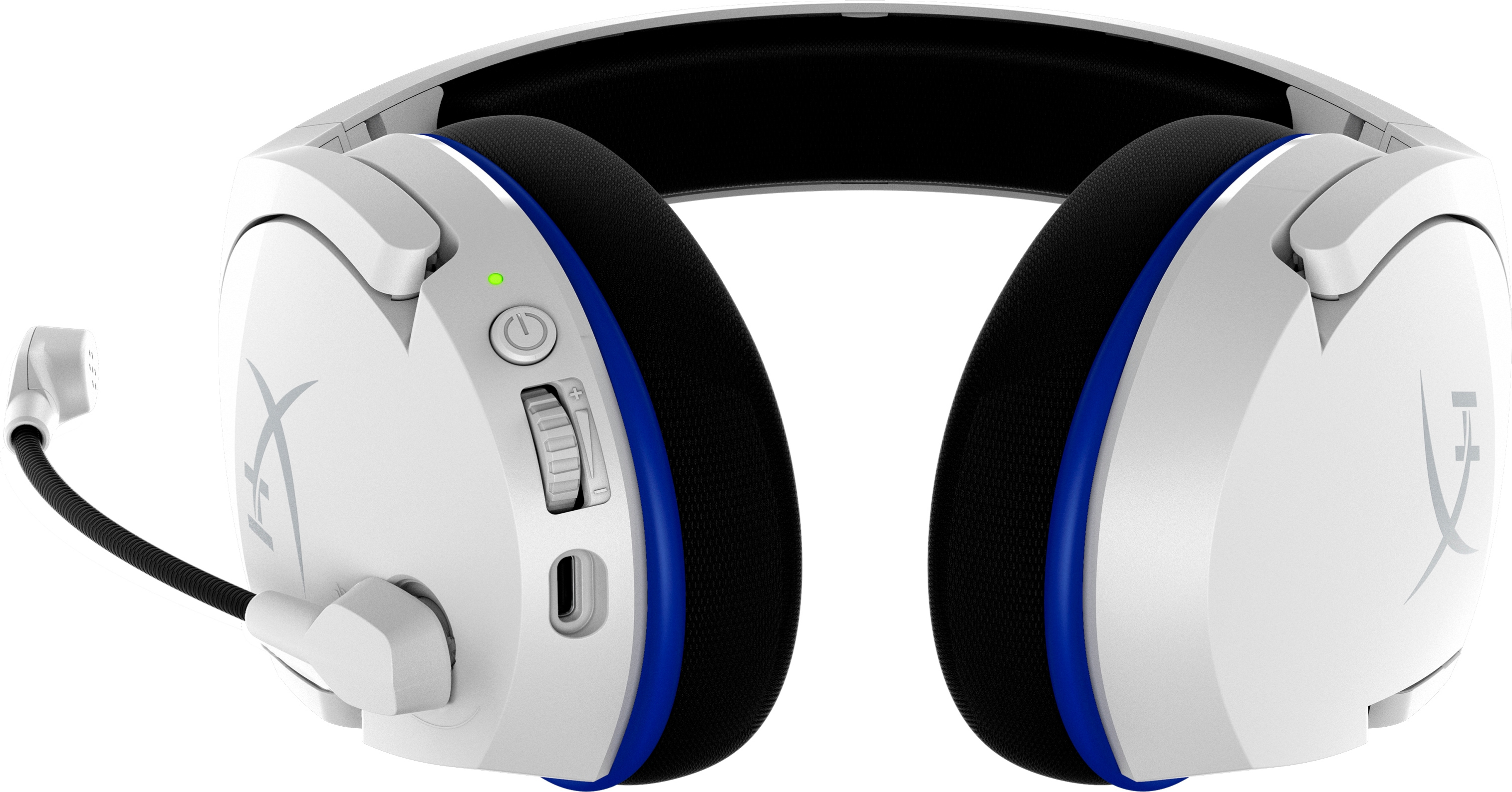Weißes und blaues Gaming-Headset mit Mikrofon und Bedienelementen, isoliert auf Weiß.