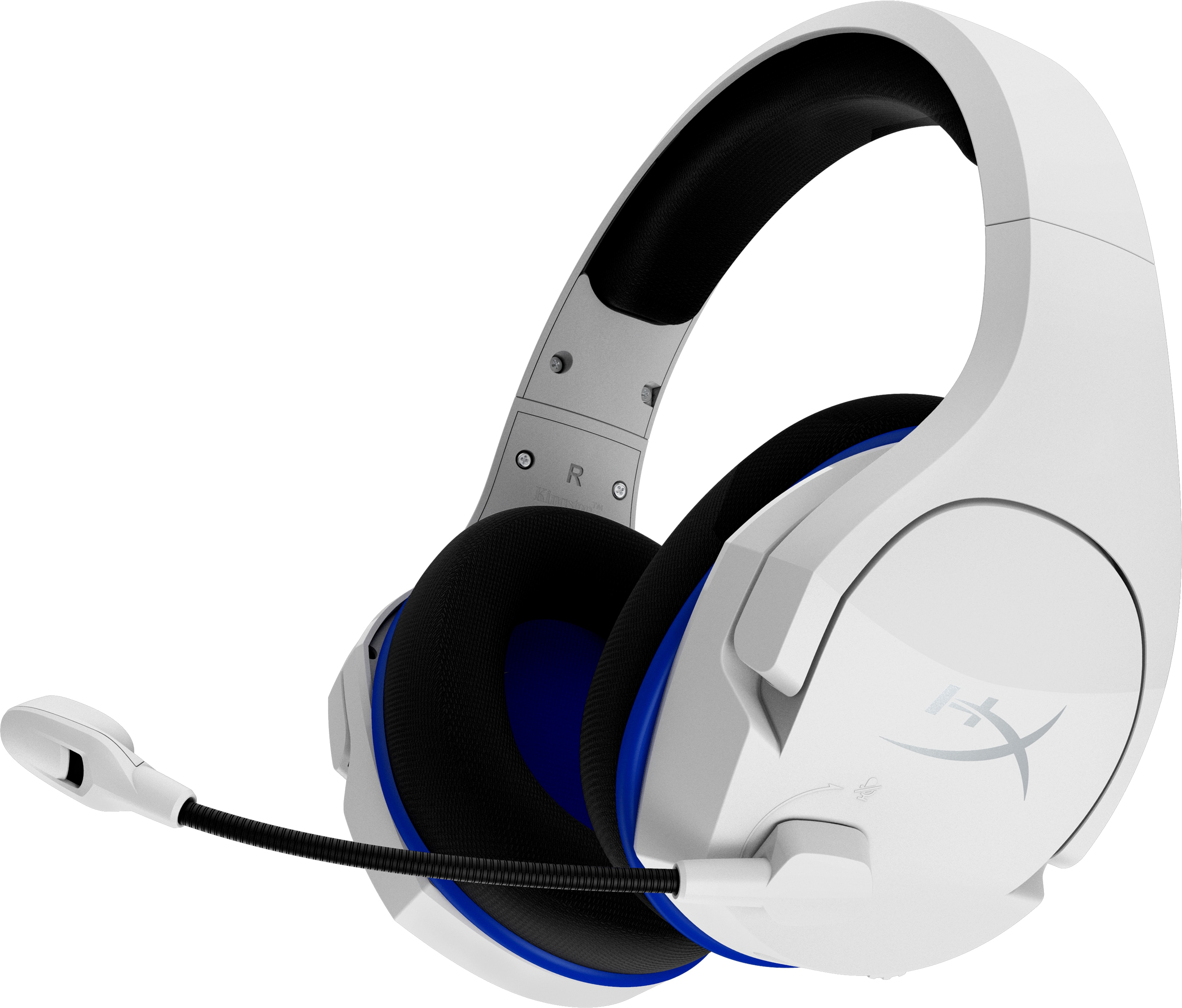 Weißes und blaues HyperX-Gaming-Headset mit Mikrofon. Es befindet sich auf weißem Hintergrund.