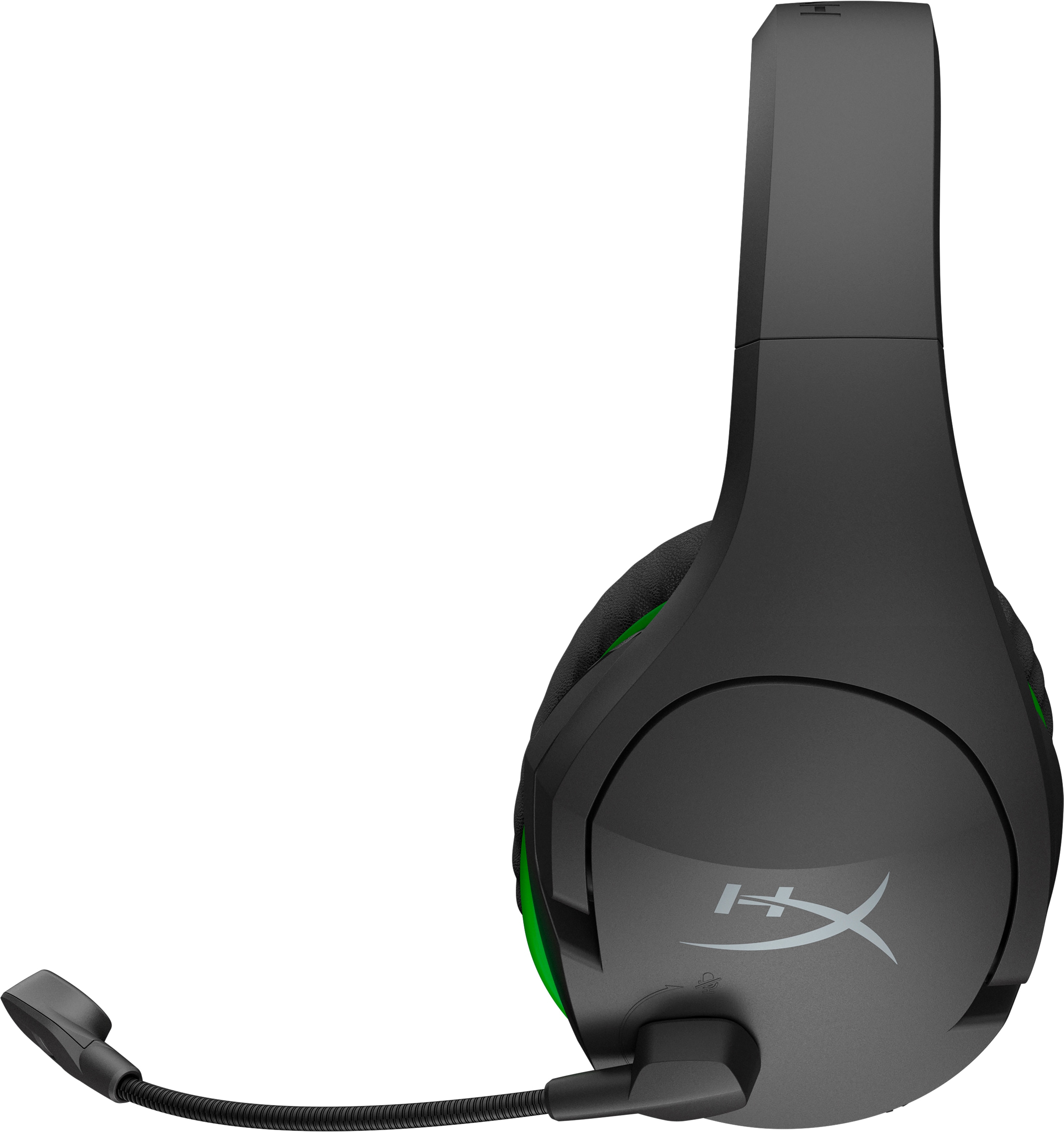 Schwarzes und grünes Gaming-Headset auf Weiß. Das Mikrofon ist ausgezogen.