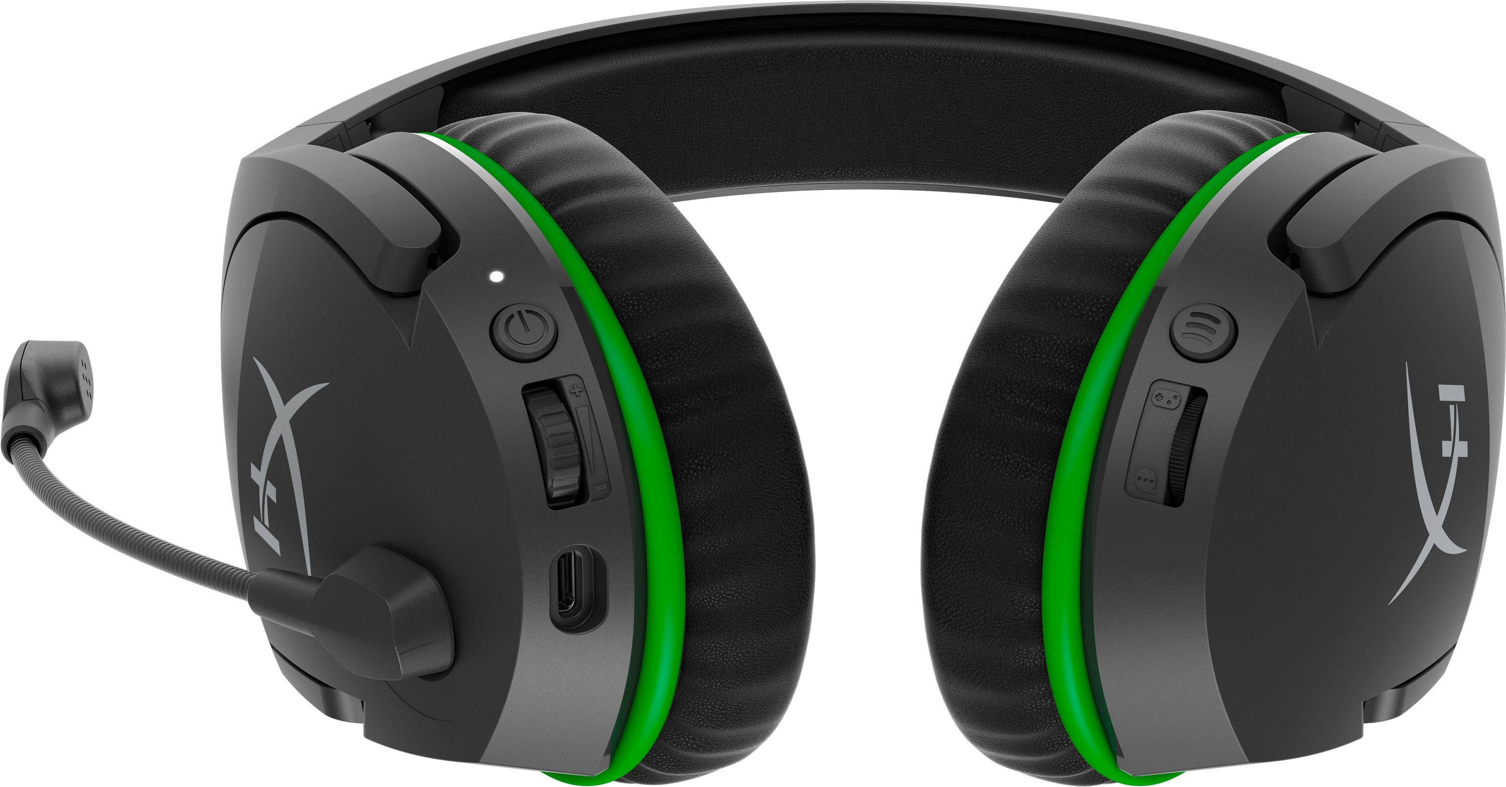 Schwarzes und grünes Gaming-Headset mit Mikrofon. Mit Lautstärke- und Ein-/Aus-Tasten.