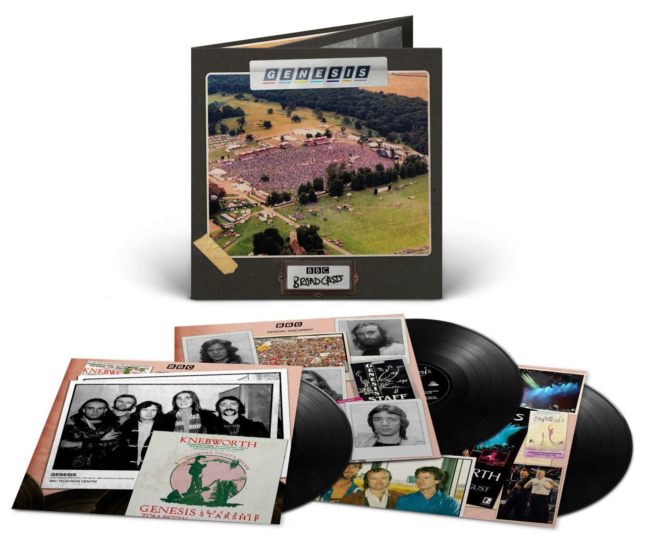 Album und Schallplatten von Genesis 'BBC Broadcasts'. Albumcover mit Gruppenfoto, Schallplatten und Bandfotos.