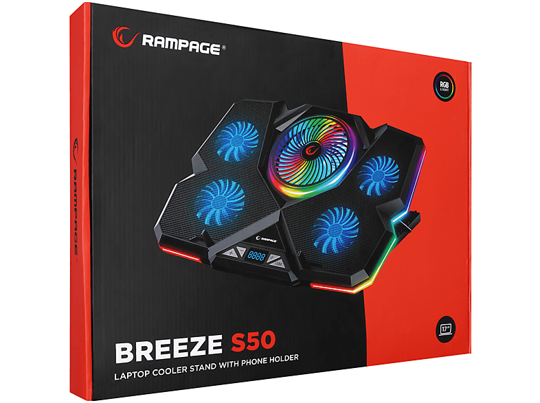 RAMPAGE Breeze S50 Telefon Tutuculu 5 Fanlı RGB Işıklı Yükseklik Ayarlı LCD Laptop Soğutucu Siyah_7