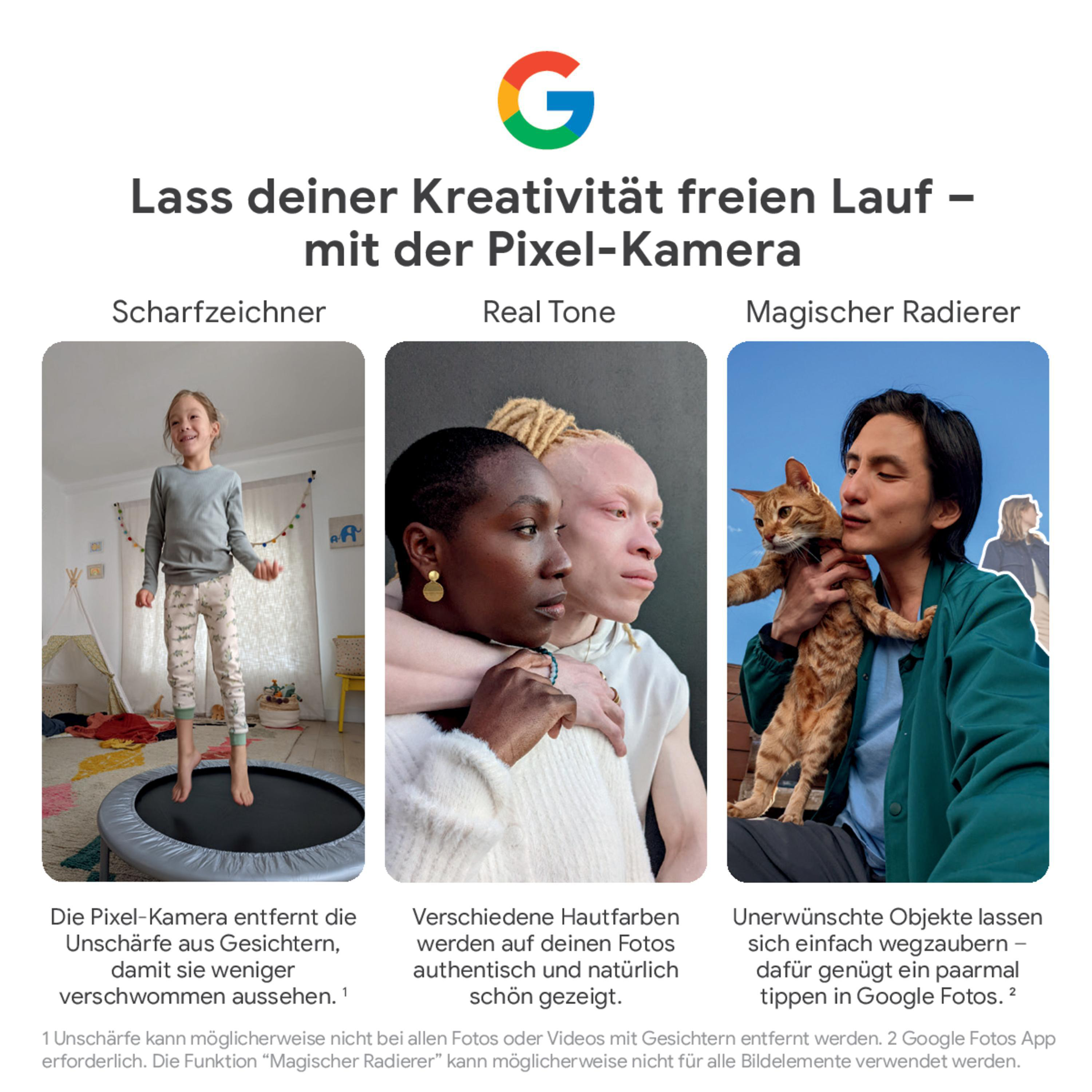 Drei Fotos, die Pixel-Kamerafunktionen zeigen. Ein Mädchen springt, Menschen mit verschiedenen Hauttönen und ein Mann mit Katze.