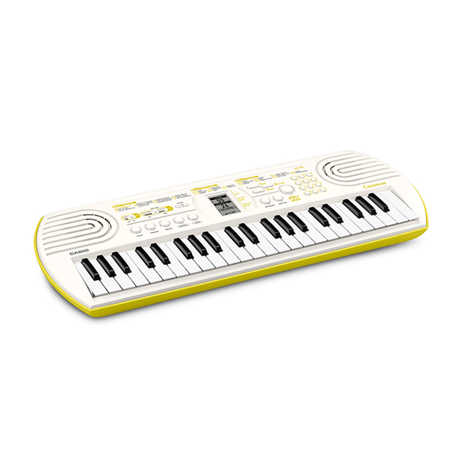 Una tastiera Casio bianca e gialla con tasti neri. Casio e Casiotone sono etichettati.