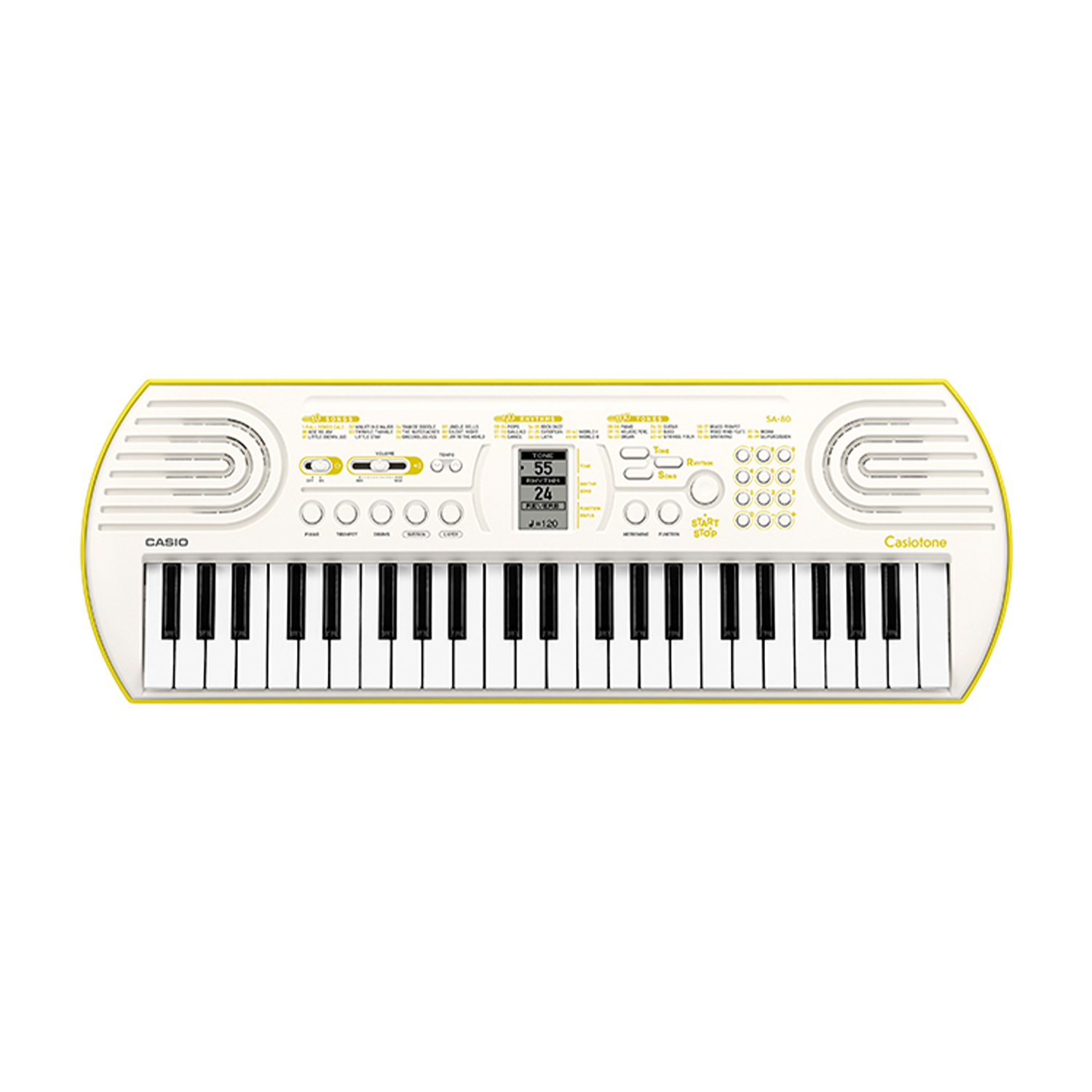 Una tastiera Casio bianca e gialla con tasti neri e vari pulsanti funzione.