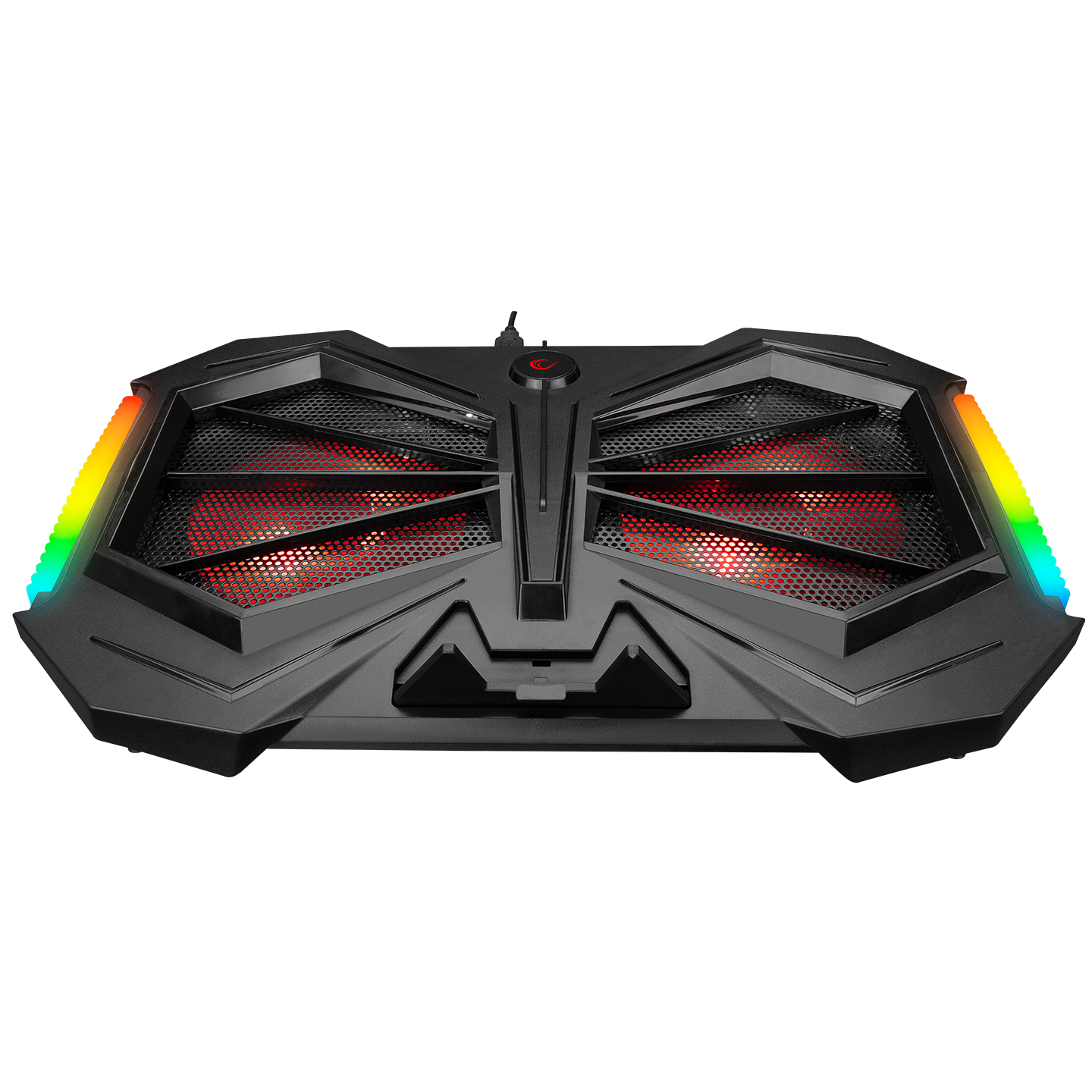 Kenarlar boyunca çoklu kırmızı LED ışıklı ve RGB ışıklı siyah dizüstü bilgisayar soğutucusu.