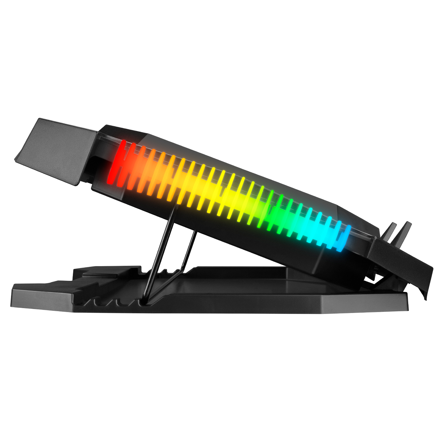 LED ışıklı siyah dizüstü bilgisayar soğutucusu. Soğutucu açılıdır. Işıklar renklidir.