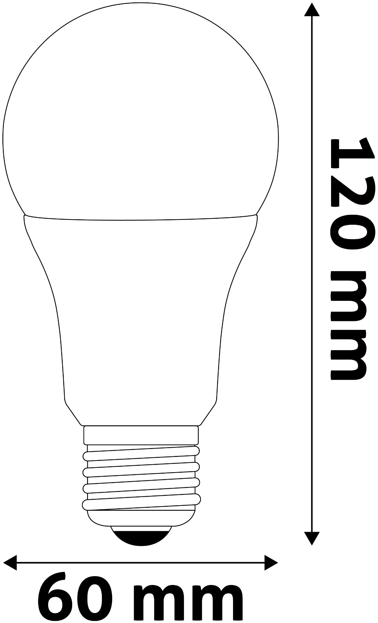 Egy izzó vonalrajza, 120 mm magas és 60 mm széles méretekkel.