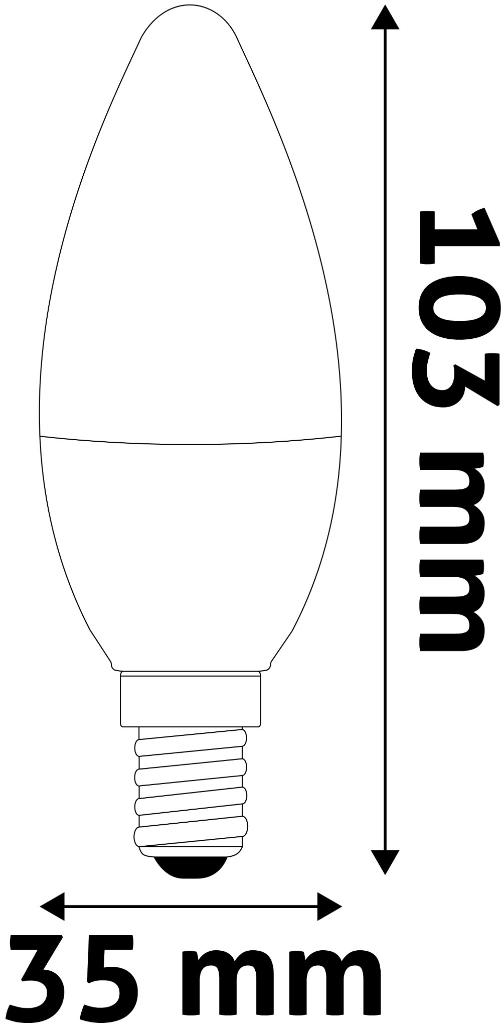 Egy fehér izzó méretekkel. 103 mm magas és 35 mm széles.
