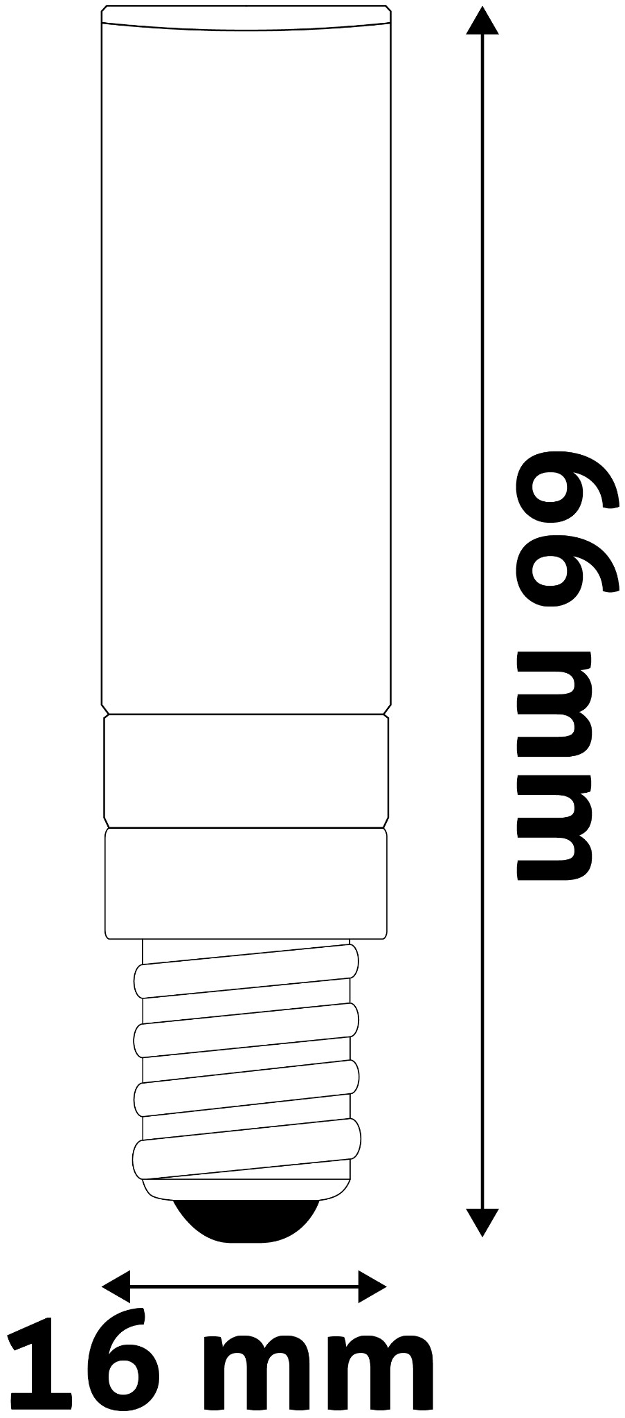 Egy fehér-fekete villanykörte, melynek átmérője 16 mm, magassága 66 mm.