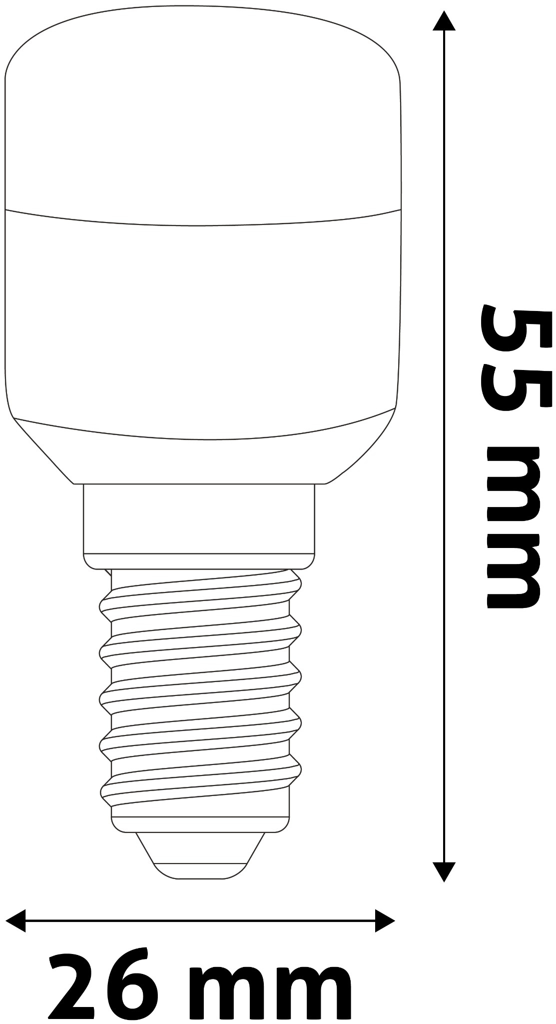 Egy csavaros foglalatú izzó, melynek mérete 55 mm magas és 26 mm széles.