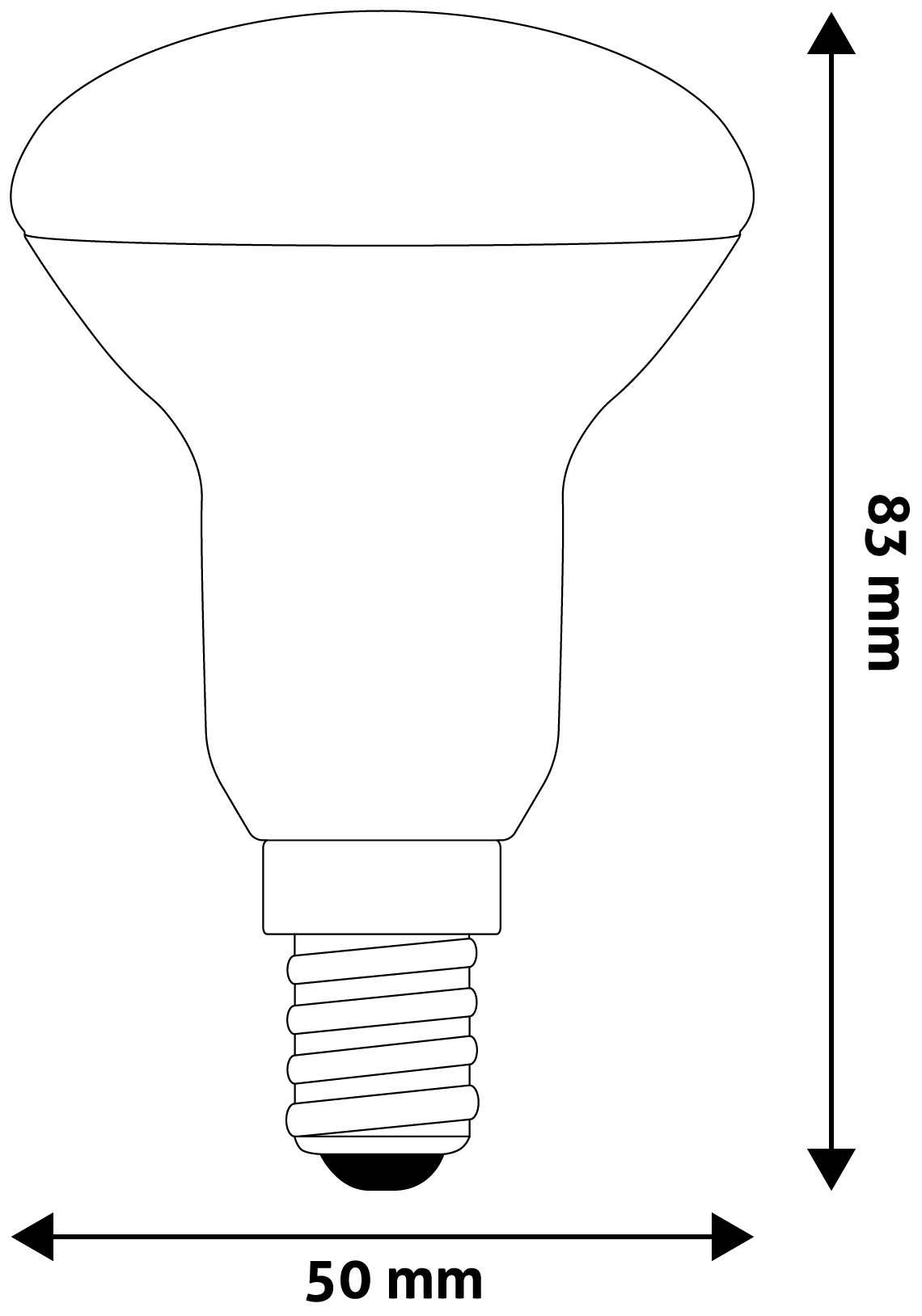 Egy villanykörte vonalrajza méretekkel: 83 mm magas, 50 mm széles.