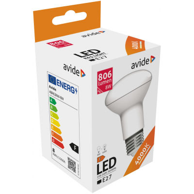 Egy fehér doboz Avide LED izzókkal, energiahatékonysági információkkal.