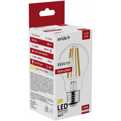 LED izzó a dobozban, részleteket és specifikációkat mutatva. Fehér háttér.
