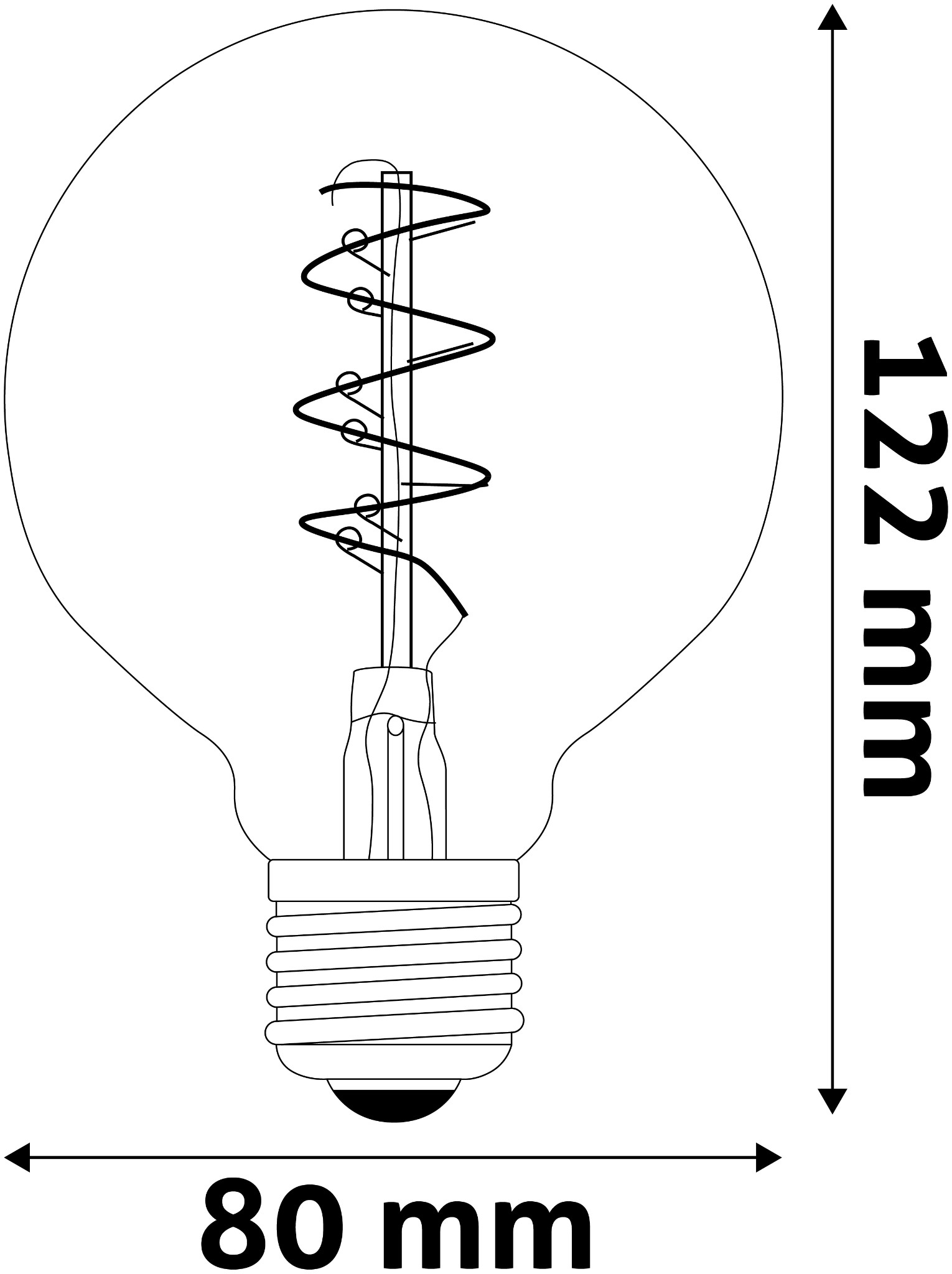 Egy villanykörte diagramja. Méretek: 80 mm széles, 122 mm magas. Belül szálak. Fekete-fehér kép.