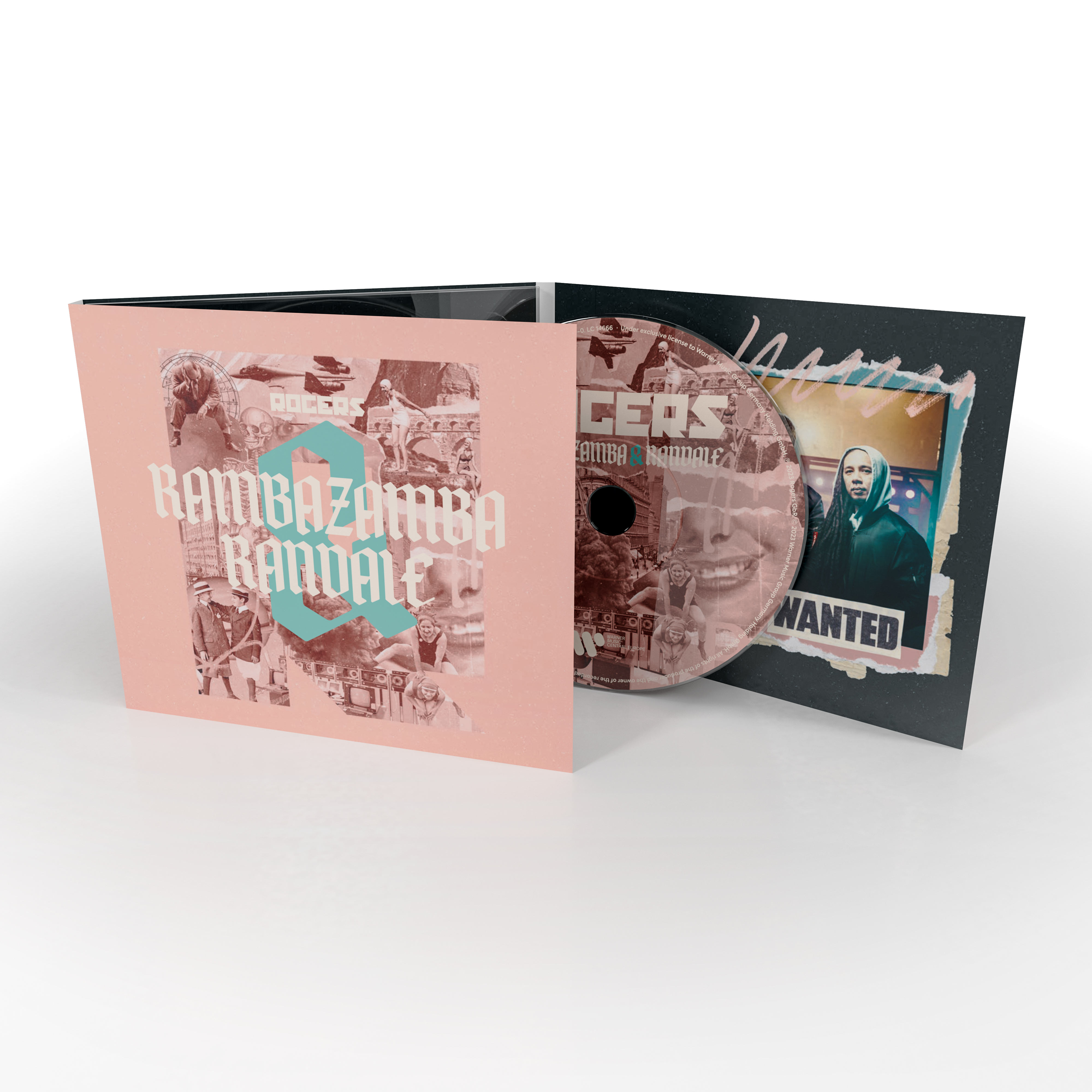 CD-Hülle geöffnet. Die CD befindet sich auf der rechten Seite. Die Hülle hat einen rosa Umschlag mit Text.
