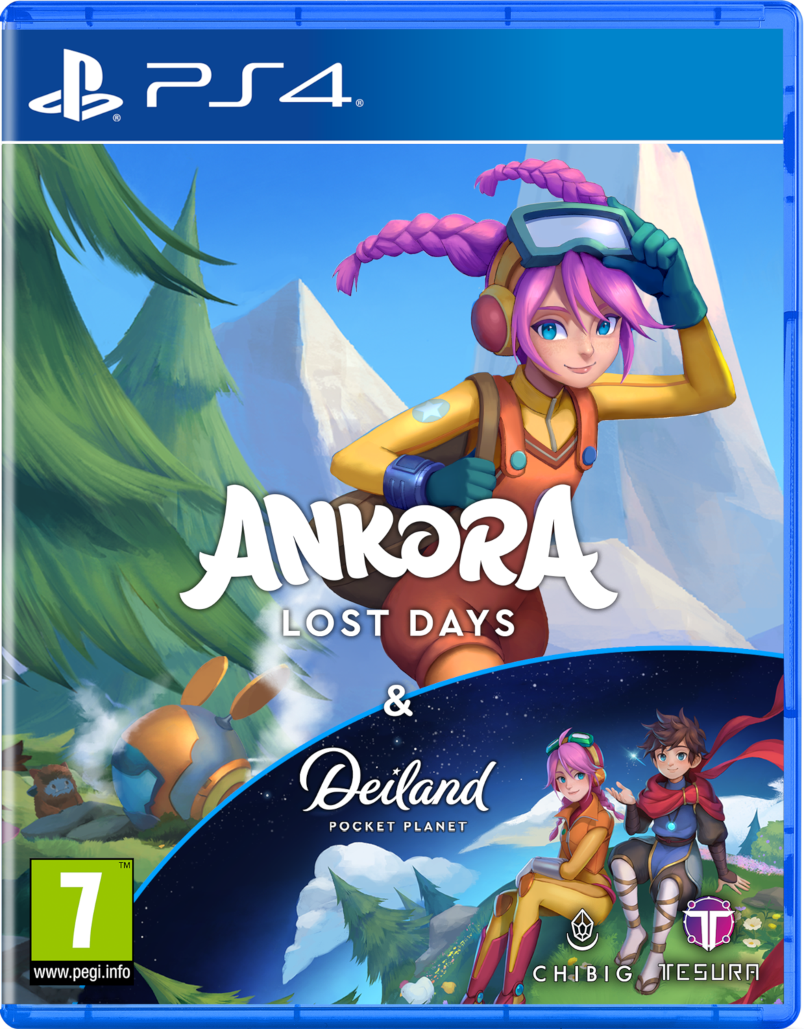 Jaquette du jeu PS4 : Ankora : Lost Days & Deiland. Une fille de dessin animé aux cheveux roses sur fond bleu.