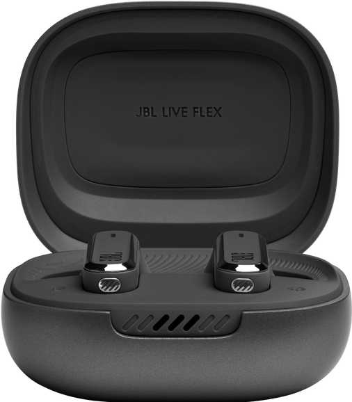 Ein dunkelgraues Etui mit zwei schwarzen JBL Live Flex-Ohrhörern.