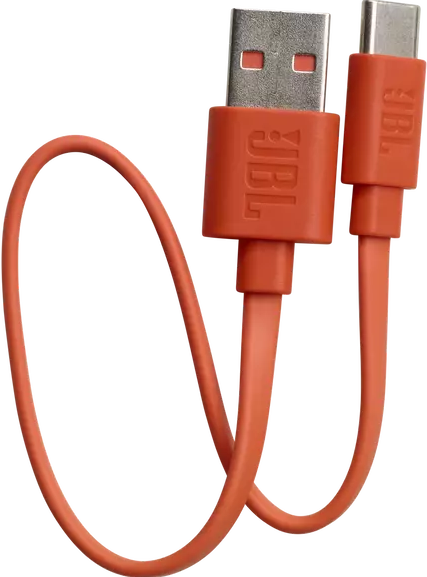 Ein orangefarbenes USB-Kabel mit zwei Steckern, das mit dem Wort JBL versehen ist.