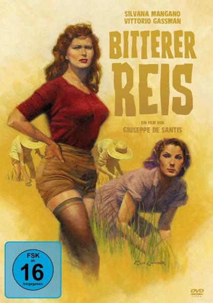 Ein Vintage-Filmplakat für einen Film mit dem Titel "Bitterer Reis". Zwei Frauen sind im Vordergrund.
