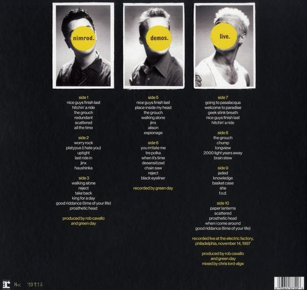 Green Day's Nimrod Vinyl-Cover. Drei Bandmitglieder mit Titellisten.