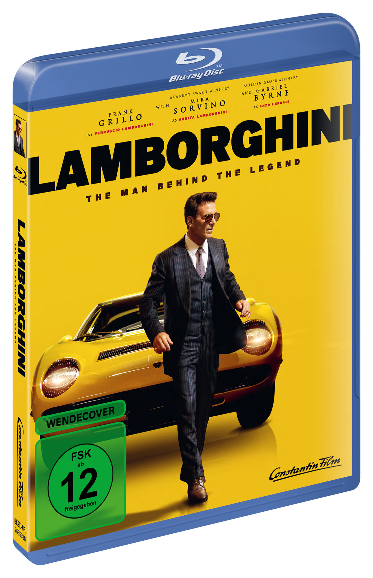 Blu-ray-Cover: Mann im Anzug neben gelbem Auto; Filmtitel: Lamborghini.
