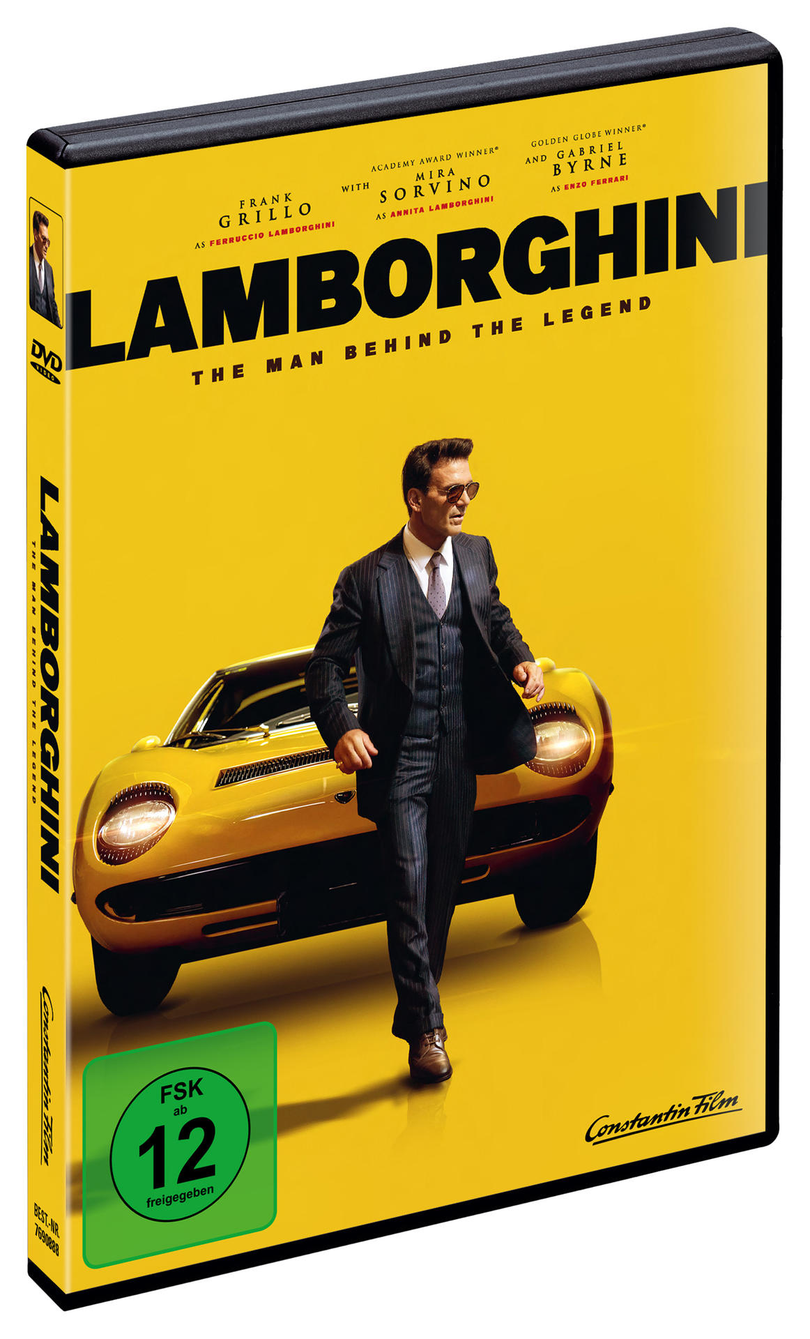 DVD-Cover für Lamborghini-Film. Mann im Anzug, gelbes Auto, gelber Hintergrund.